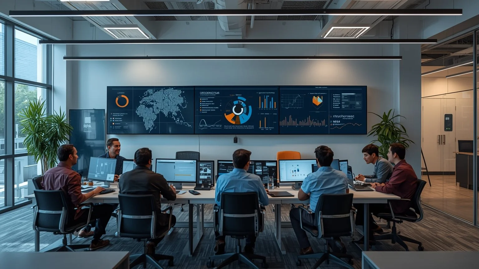 Modern office with a Center of Excellence in the foreground, screens displaying metrics and an RPA roadmap, employees receiving training and discussing process selection criteria while virtual robots free up time for tasks.