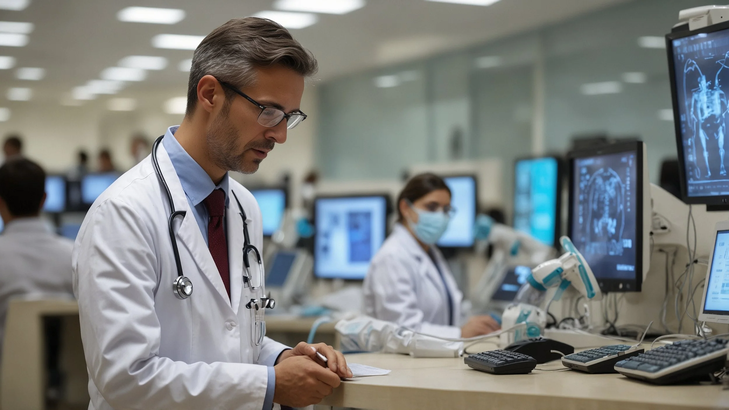 A medical control center with screens displaying automatic alerts generated by bots, medical staff checking messages on computers and phones, with emphasis on reducing waiting times and improving the administrative system.