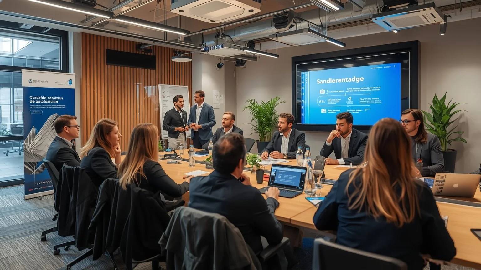 Interdisciplinary IT and business team in a modern room reviewing dashboards with high-impact cases, standardized templates, and metrics showing the sustained growth of the automation CoE.