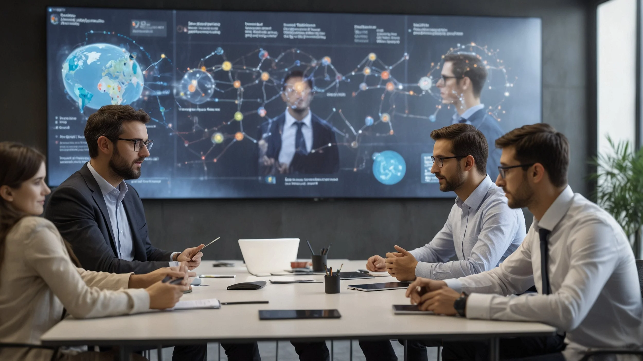 Un grupo de personas en una reunión de negocios discutiendo con expresiones de confusión y desconfianza frente a una pantalla que muestra diferentes soluciones tecnológicas con etiquetas engañosas y conceptos de inteligencia artificial resaltados.