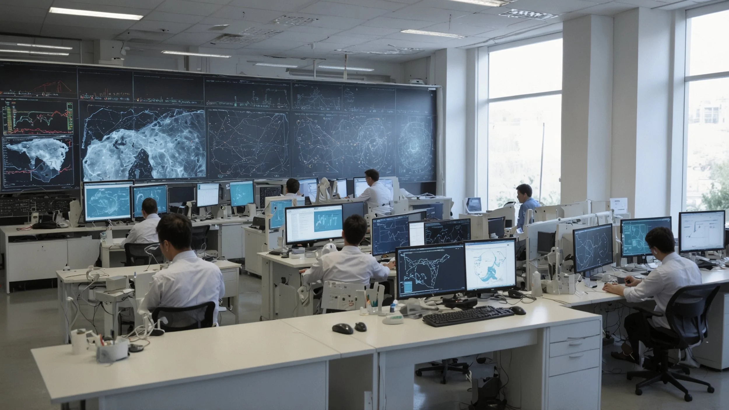 Una imagen de un laboratorio moderno de inteligencia artificial lleno de servidores y equipos de computación avanzados.