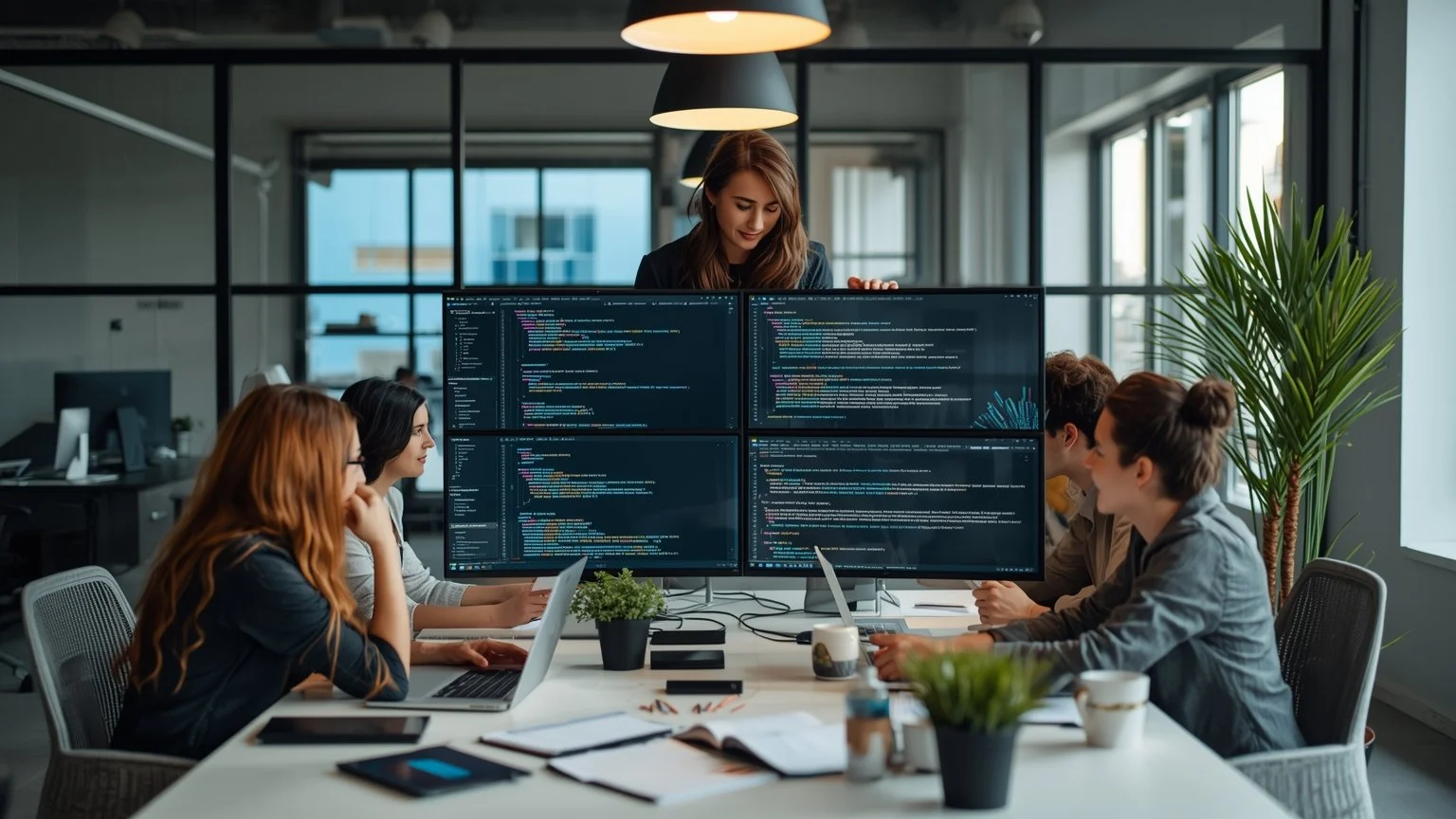 A multidisciplinary team in a modern office collaborating in front of screens with dashboards and code snippets, a whiteboard with a data governance plan and notes on new roles and continuous improvement, while automation prototypes and