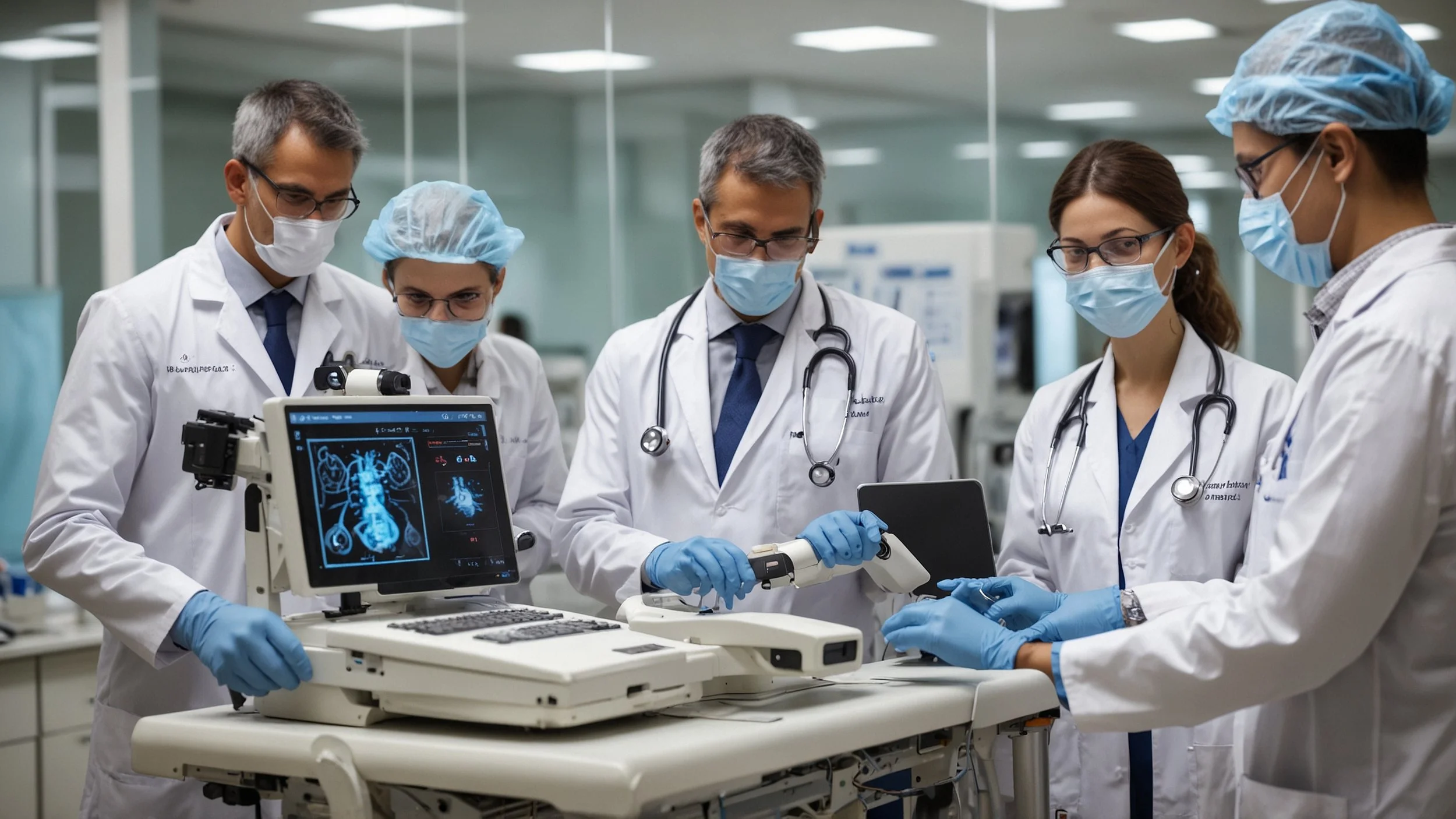 A team of technology experts collaborating with physicians and hospital administrators to implement robotic automation (RPA) solutions in a modern healthcare facility, showcasing digital workflow displays and an environment