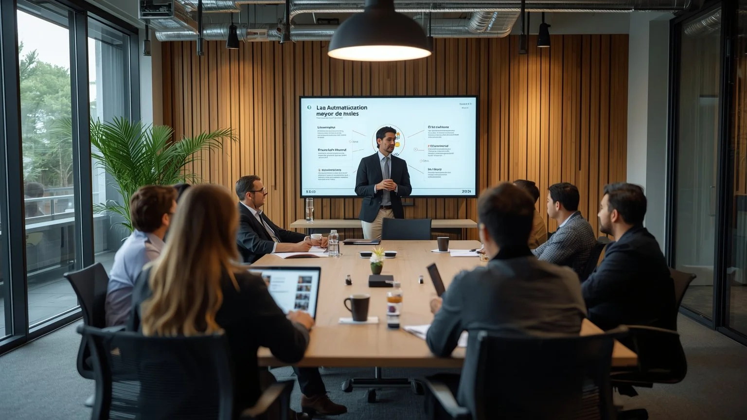 Reunión en una sala moderna donde un líder muestra con gráficos y casos de éxito cómo la automatización mejora el trabajo diario mientras empleados atentos conversan sobre la reconversión de roles y expresan alivio.