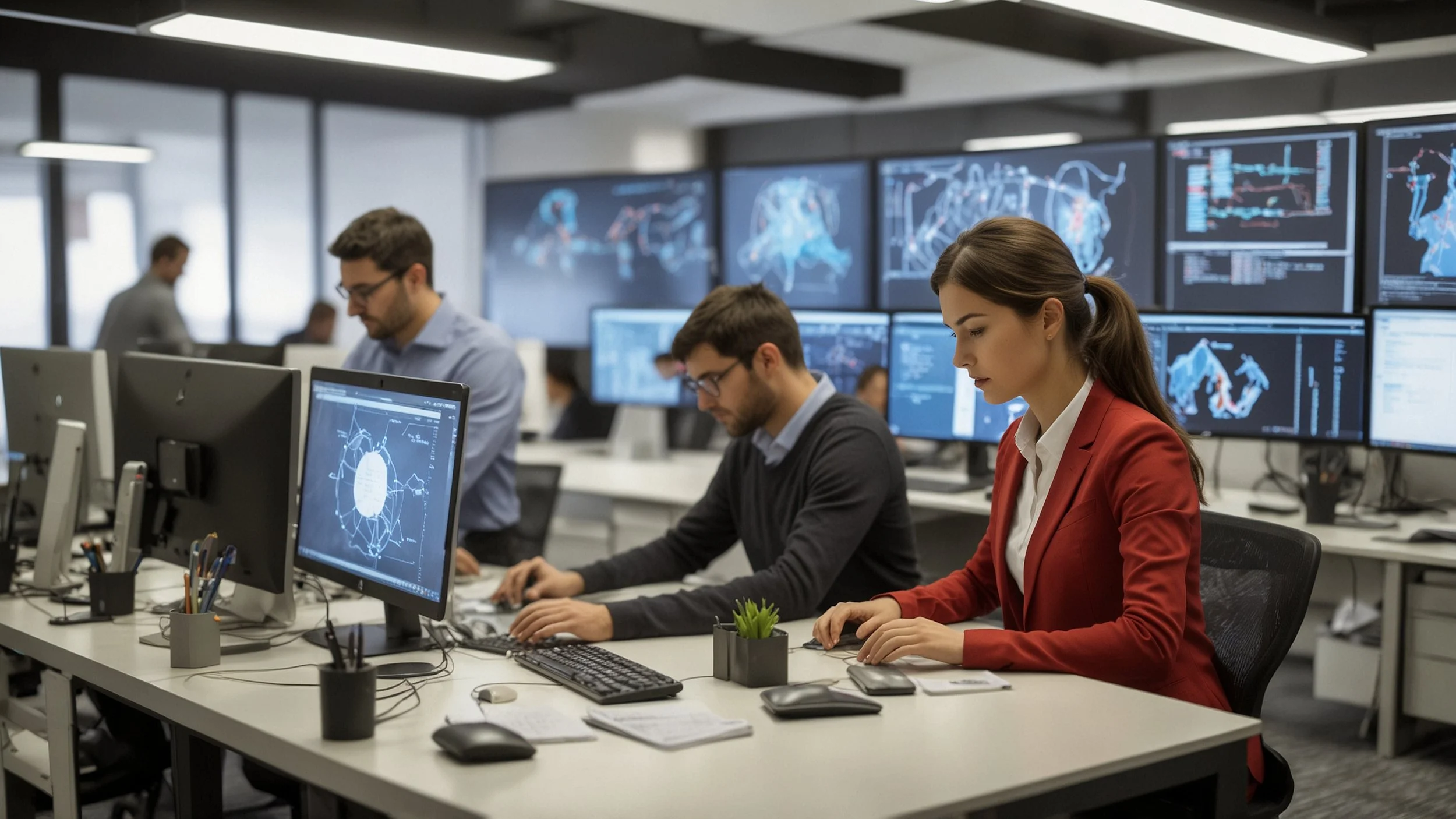 Una oficina moderna donde un grupo de empleados de negocio está trabajando en computadoras utilizando herramientas LCNC para desarrollar soluciones, mientras que un equipo de IT en otra parte de la oficina analiza gráficos y datos en pantallas buscan
