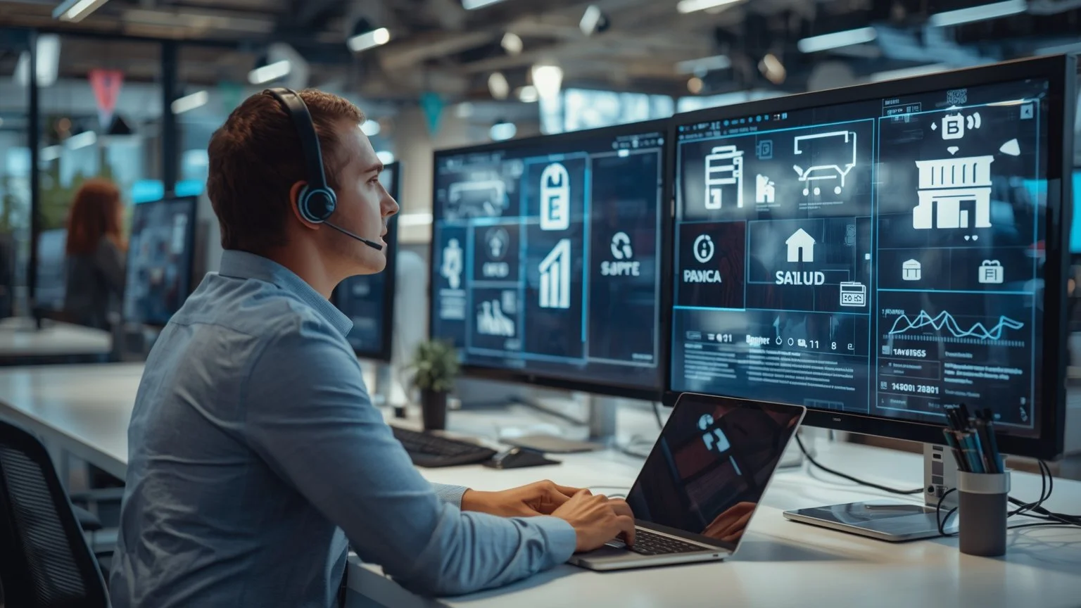 En un centro de atención moderno, un agente humano sonriente conversa empáticamente con un cliente mientras en segundo plano robots de software transparentes automatizan tareas repetitivas en pantallas mostrando iconos de telecomunicaciones, banca, s