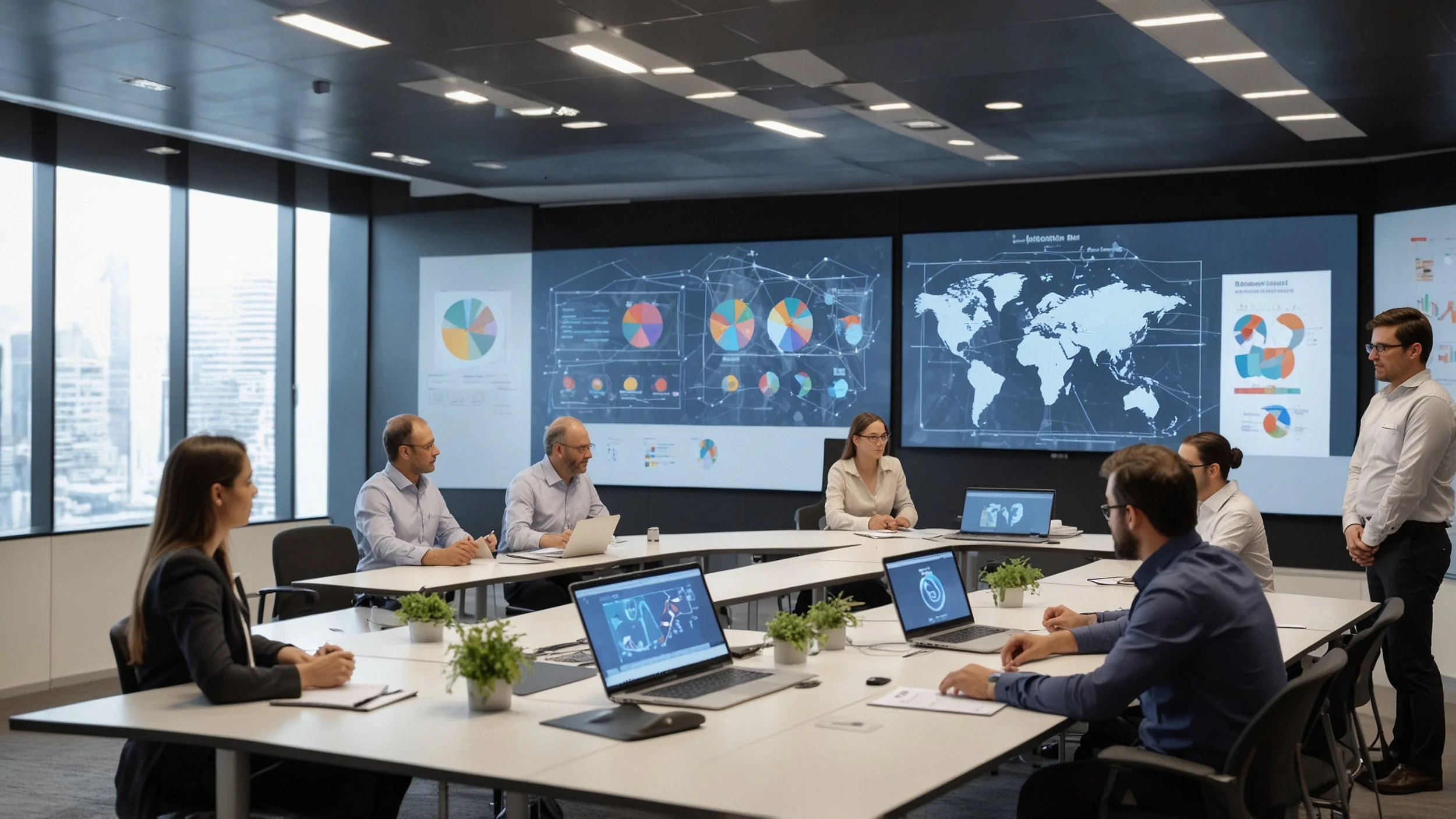 Un equipo de profesionales en una sala de reuniones moderna, analizando gráficos de escalabilidad y diagramas de integración en una gran pantalla, con elementos visuales de auditorías y controles de acceso en un ambiente tecnológico y colaborativo.