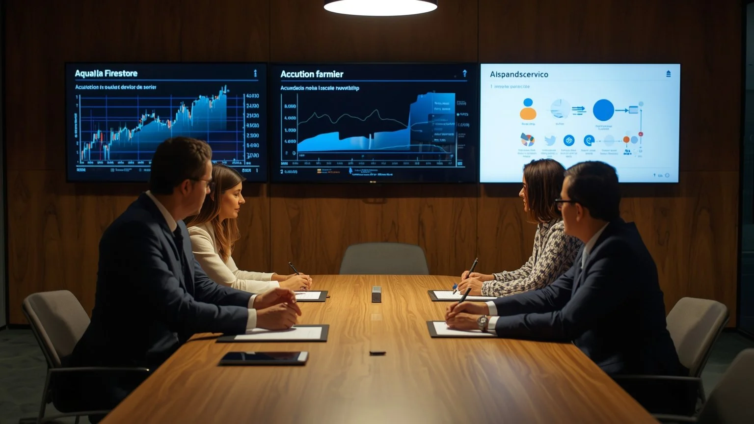 Management team and partner in a modern room signing an agreement while screens display business indicators, service level agreements, and scalable automation diagrams, in an atmosphere of transparency and collaboration for co-innovation.