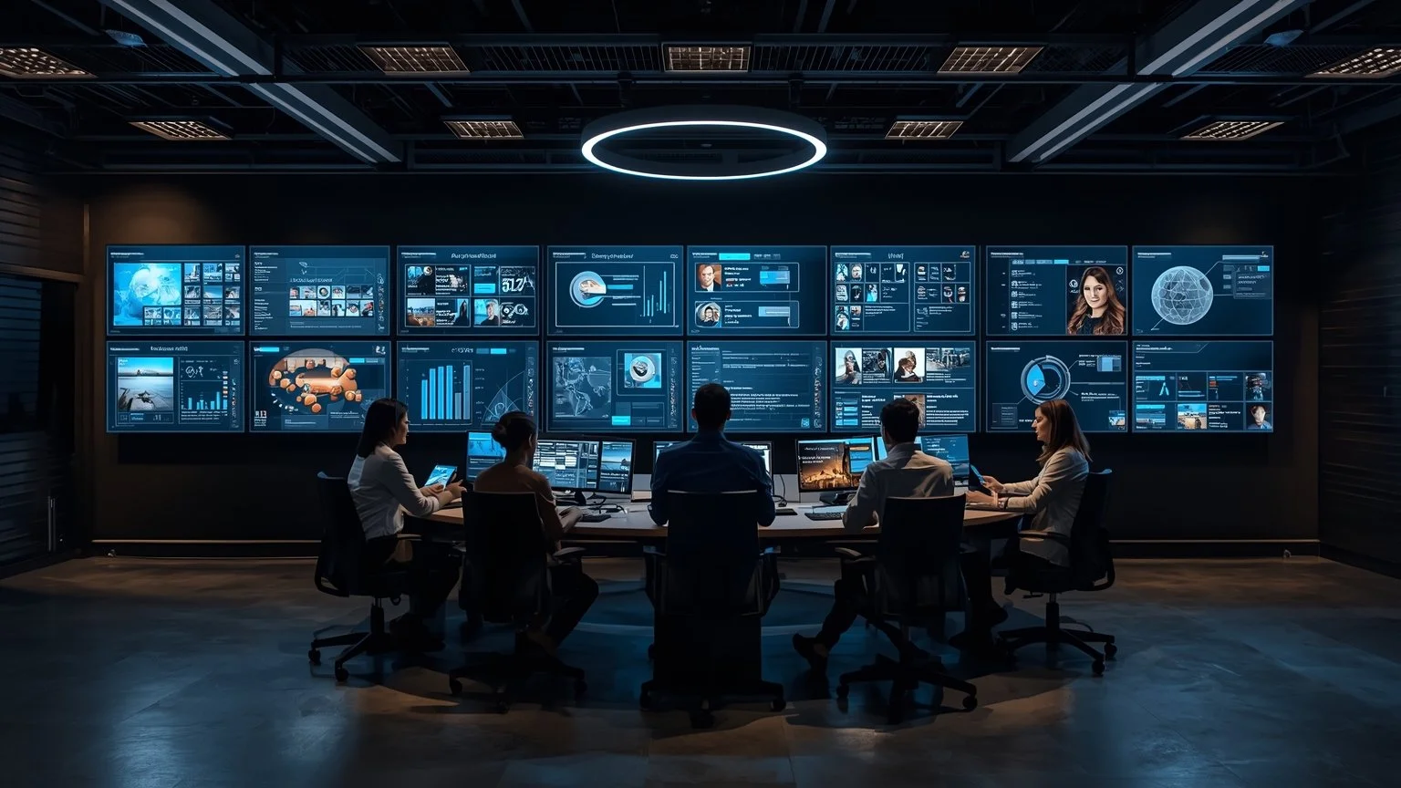 Un centro de diseño colaborativo con personas creando agentes mediante interfaces visuales y lenguaje natural, un mercado virtual en pantallas que muestra agentes disponibles y paneles de control que garantizan seguridad institucional y gobernanza co