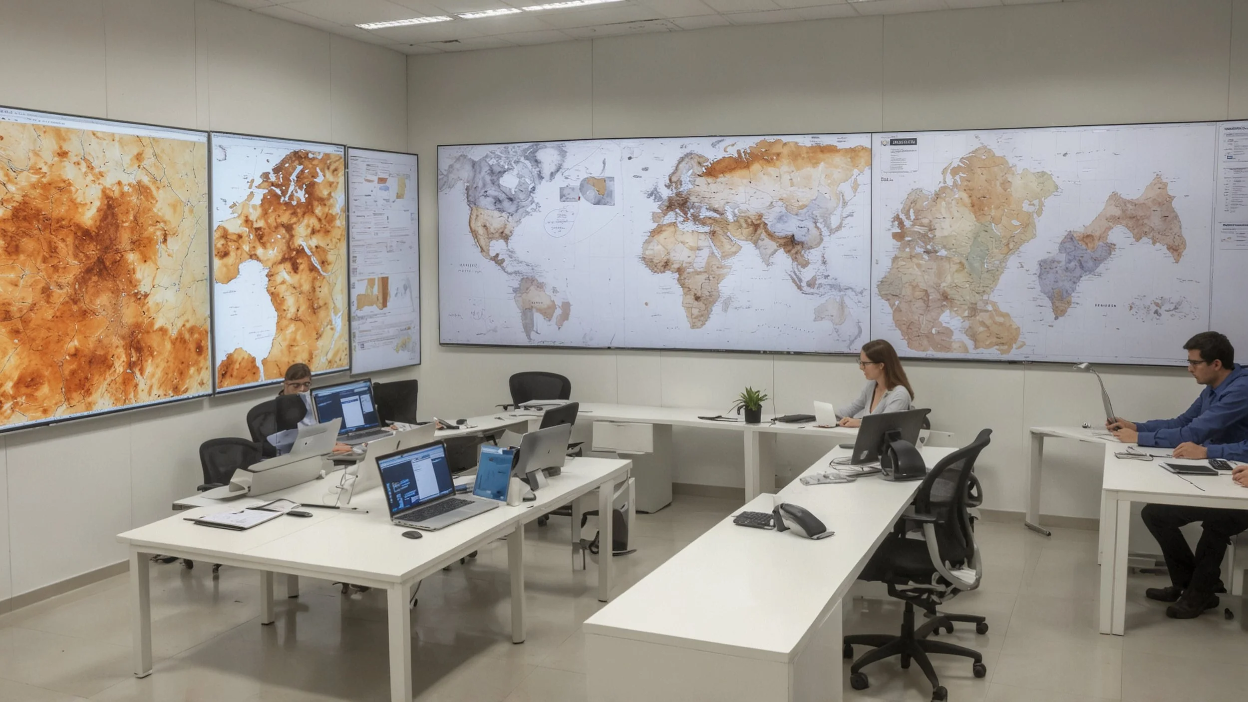 Una oficina gubernamental moderna donde se muestran múltiples pantallas de computadora.