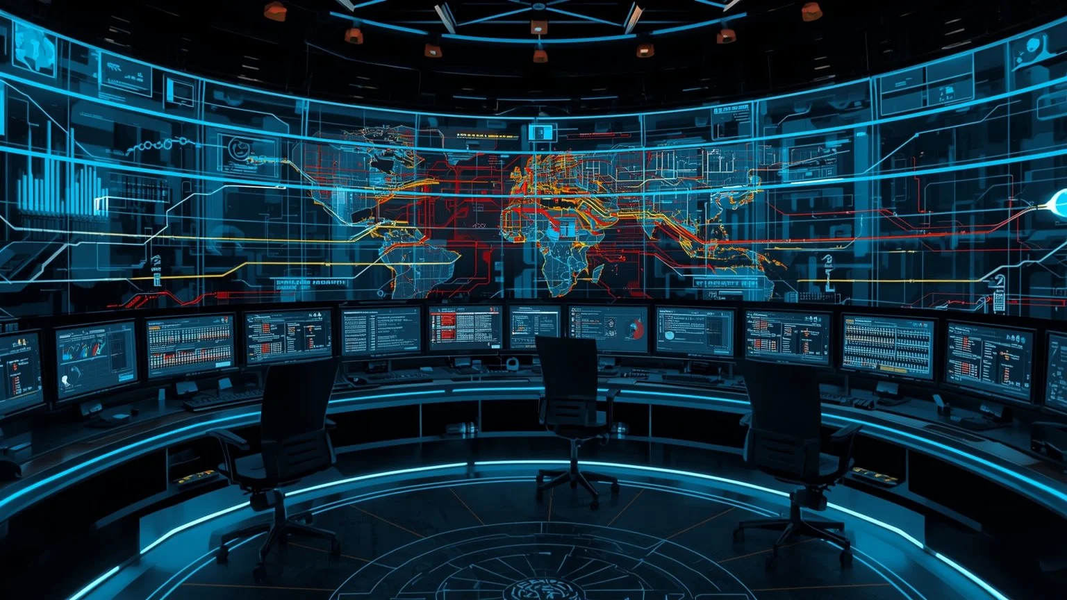 Centro de control futurista con pantallas holograficas que muestran flujos de trabajo transformandose en redes adaptativas mientras ingenieros y sistemas de IA analizan datos, reconocen excepciones y generan recomendaciones en tiempo real.