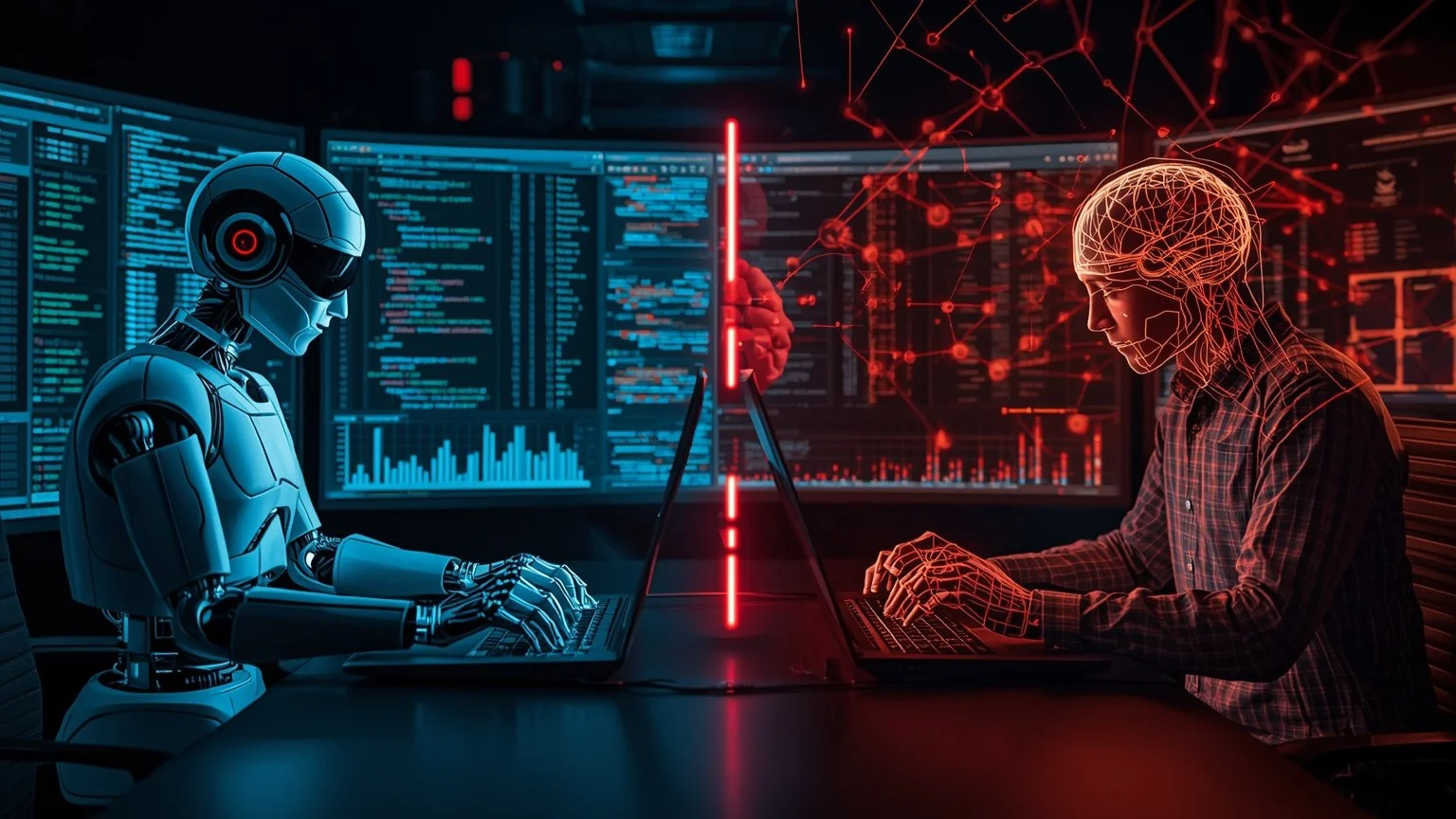 Un escenario dividido en dos: a la izquierda un robot de software organizando hojas de cálculo y copiando datos entre ventanas, y a la derecha una representación de IA como un cerebro luminoso o red neuronal analizando documentos no estructurados y a