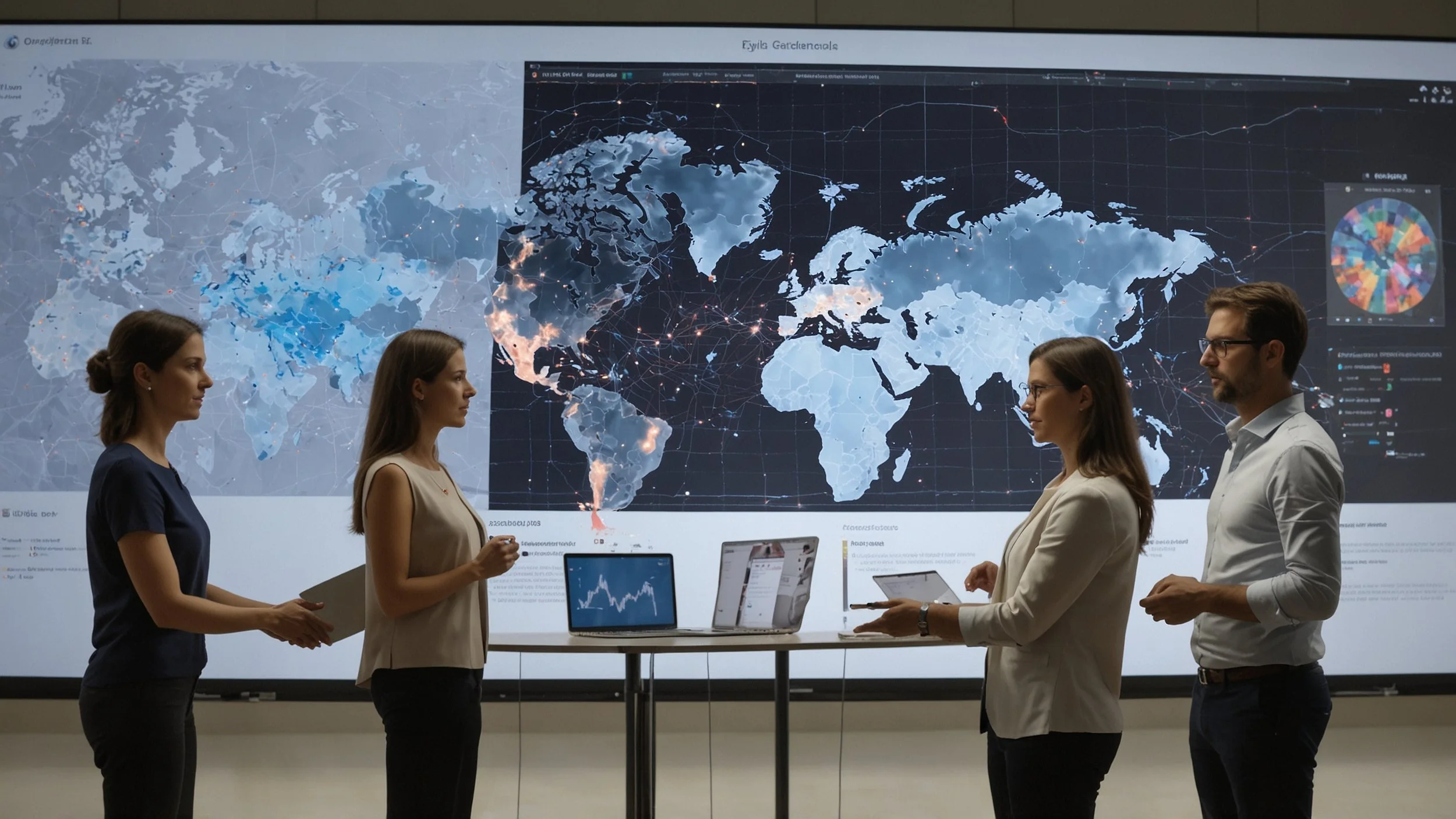 Un grupo diverso de profesionales discutiendo frente a una gran pantalla que muestra gráficos y algoritmos de inteligencia artificial, con símbolos de ética como balanzas y un candado para representar la transparencia y la confianza en la toma de dec