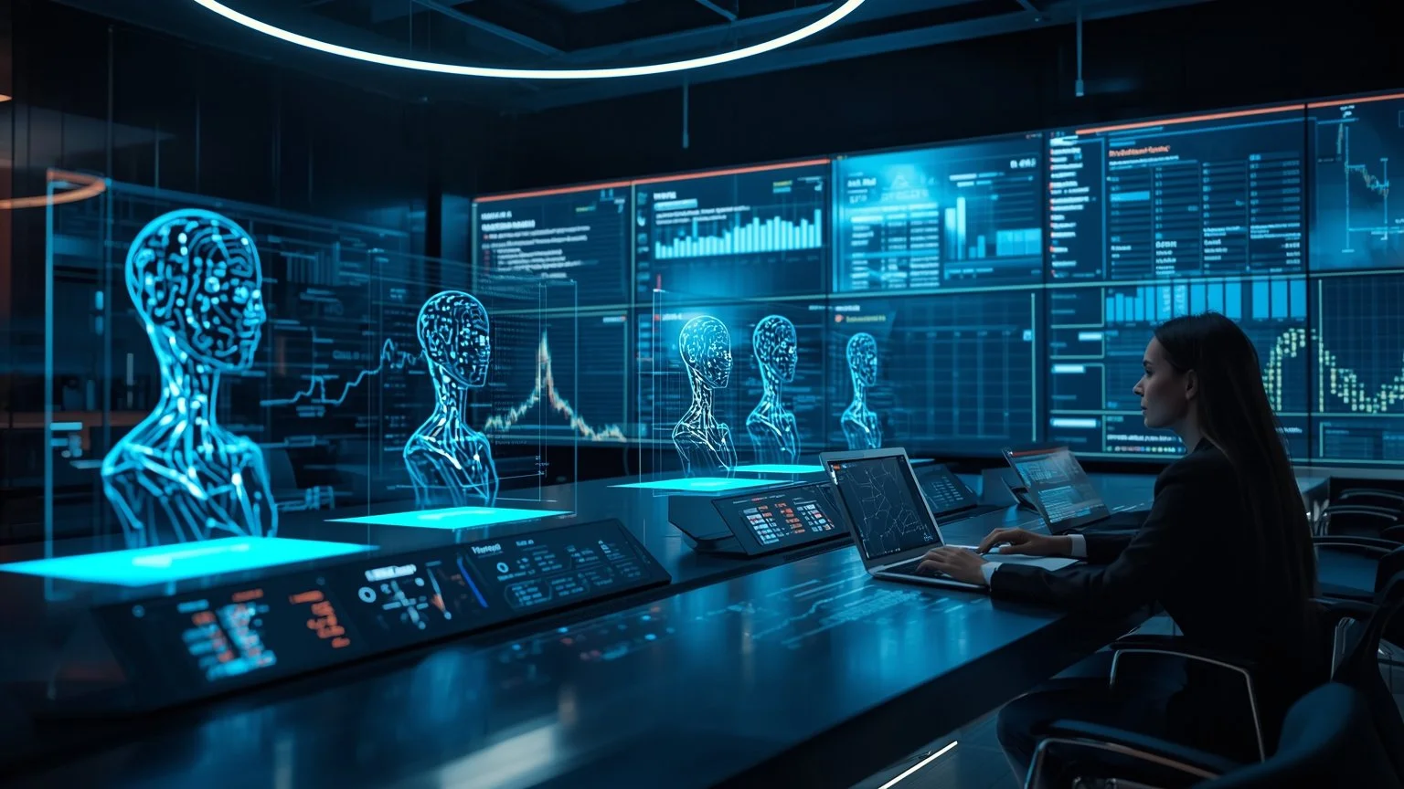 En una sala de control futurista, agentes autónomos de IA generativa aparecen como hologramas mientras leen documentos, cruzan datos en paneles interactivos y ajustan flujos de trabajo en tiempo real para automatizar procesos financieros, atención al