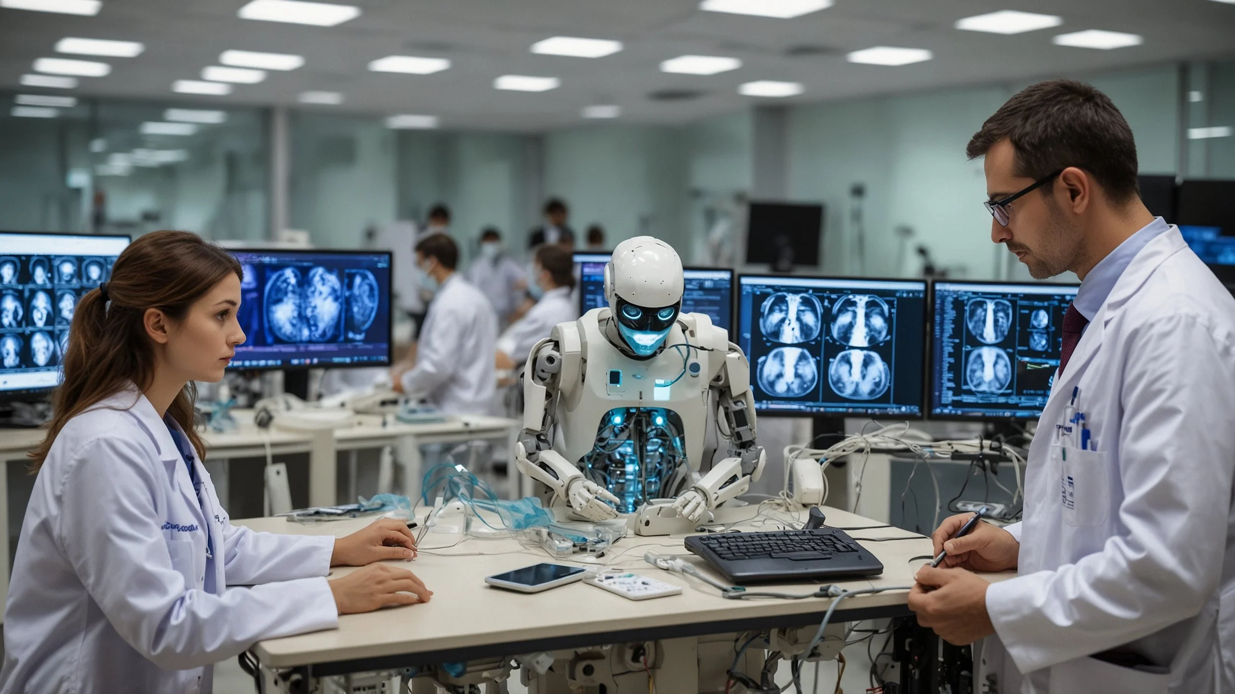 A modern control room with screens displaying medical data and alerts, a team of healthcare professionals observing monitors, and robots assisting in simulating clinical scenarios to detect faults in a digitized hospital system.