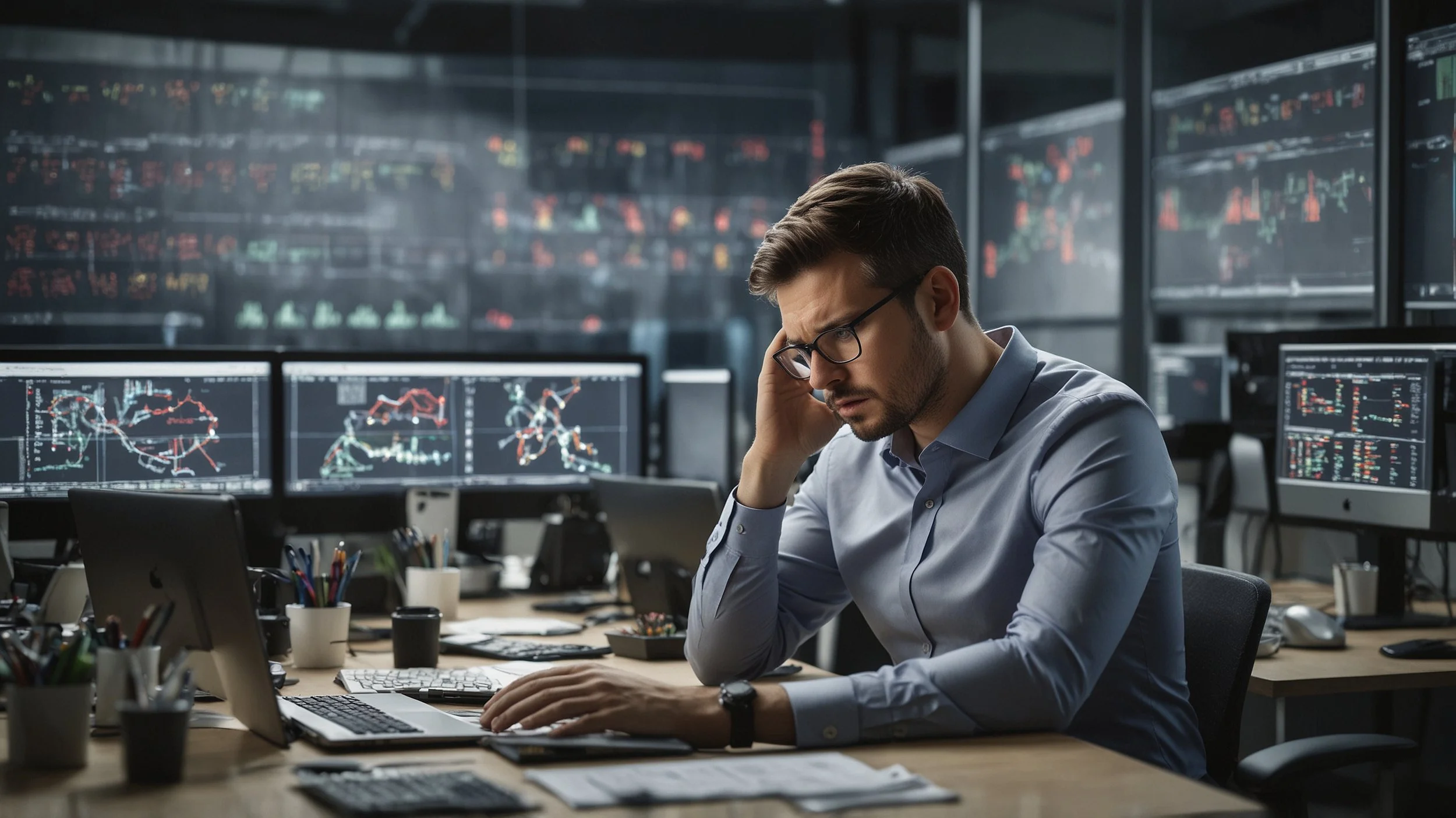A modern office scene showing a frustrated IT professional in front of multiple computer screens displaying error messages from robotic process automation bots failing due to changes in data formats and interfaces with charts highlighting increased m