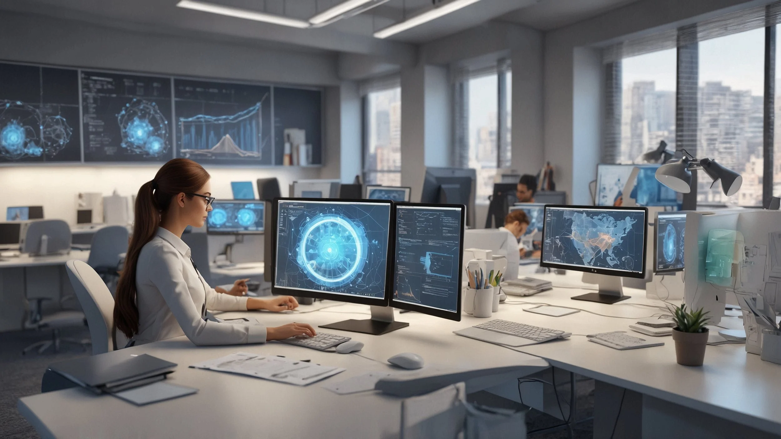Una oficina moderna con empleados trabajando en computadoras que muestran modelos 3D y gráficos digitales, representando la creación de gemelos digitales y la colaboración para mejorar procesos internos y cumplimiento regulatorio.