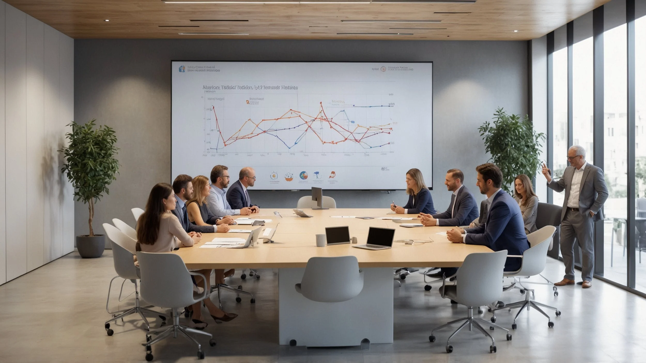 Una sala de conferencias moderna con un grupo diverso de líderes empresariales y trabajadores colaborando en torno a una mesa grande.