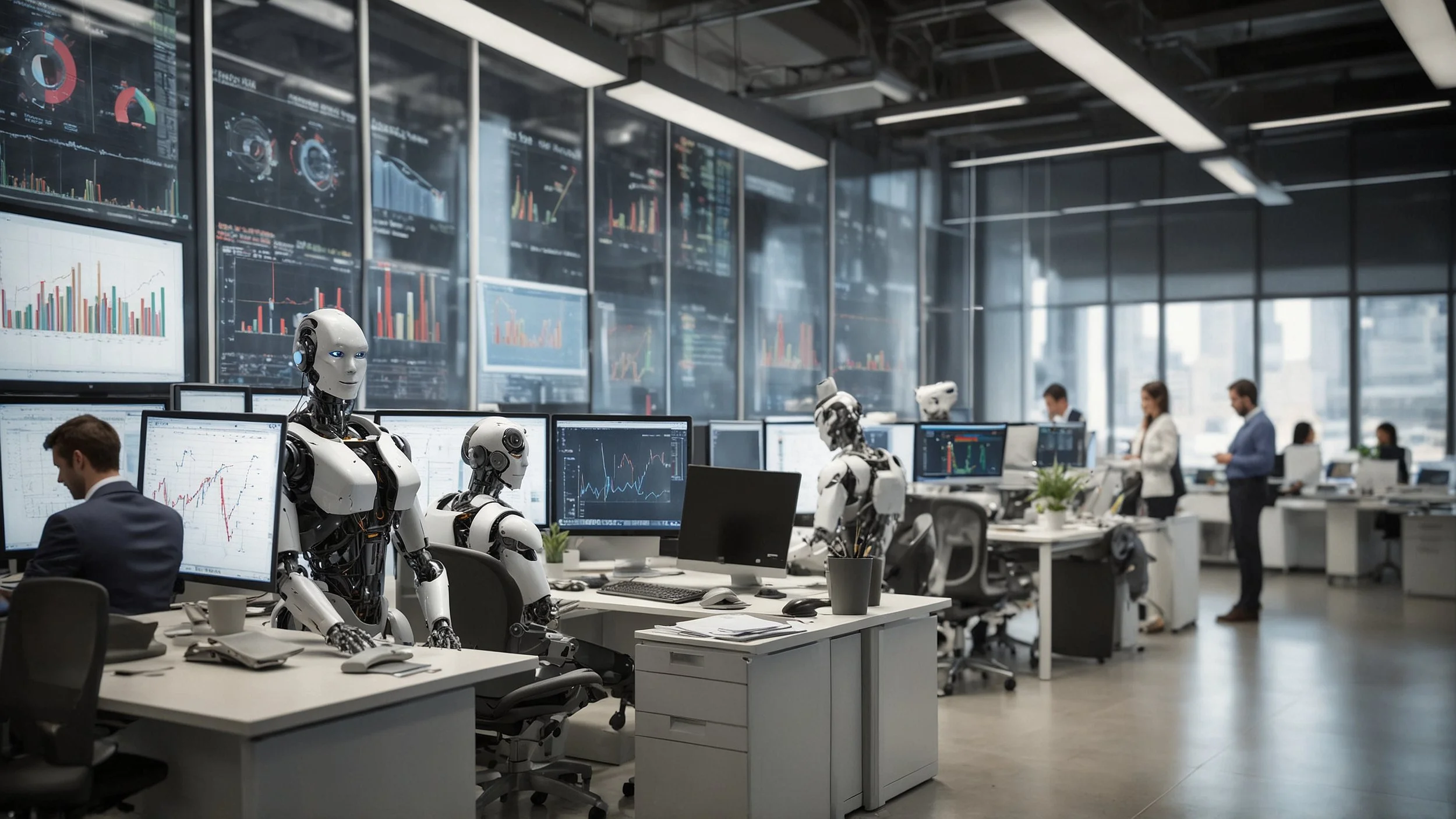 an office environment where robots and humans work together at computer desks processing financial data with charts showing increased productivity and fewer errors on screens in a modern financial firm setting.