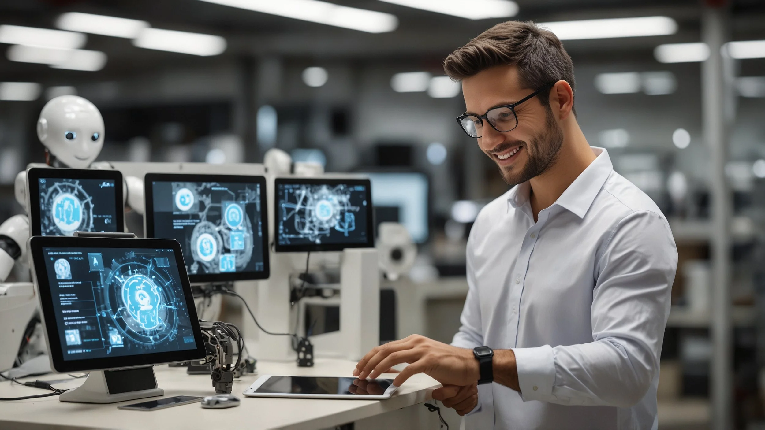 Un ejecutivo sonriente usando una tablet en una oficina moderna mientras en el fondo una línea de manufactura automatizada con robots detecta defectos en productos usando IA y una pantalla muestra gráficos de control de calidad en tiempo real Además,