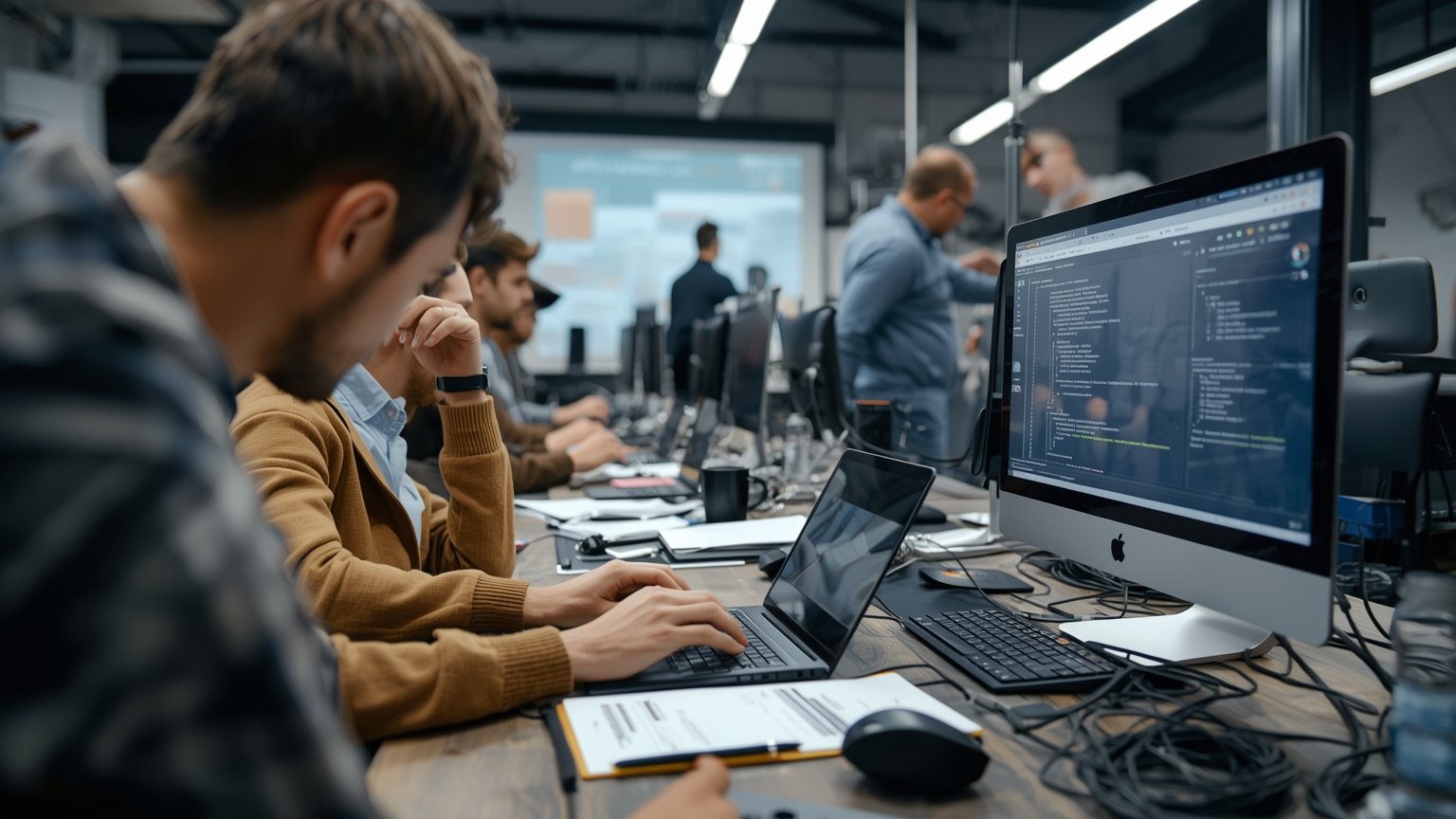 Team in a hands-on automation workshop testing bots, integrations, and workflows in a guided lab and pilot projects to drive change in the company.