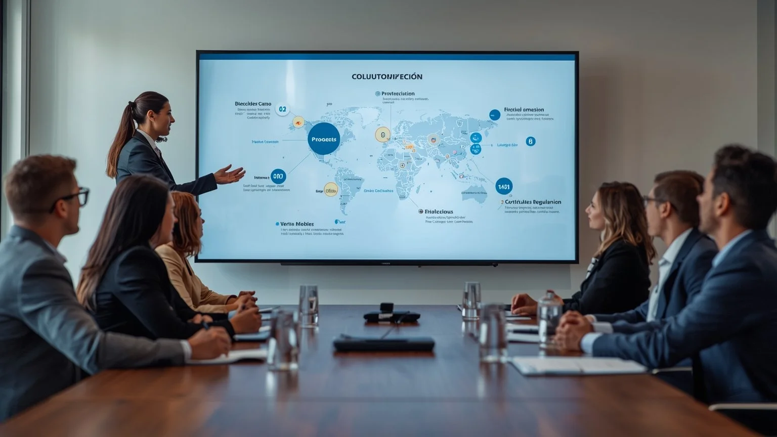 Automation consultant in a modern meeting room displaying a process map with measurable volumes and objectives on a large screen, prioritization charts for high-impact use cases, and reports on actual projects in the same sector.