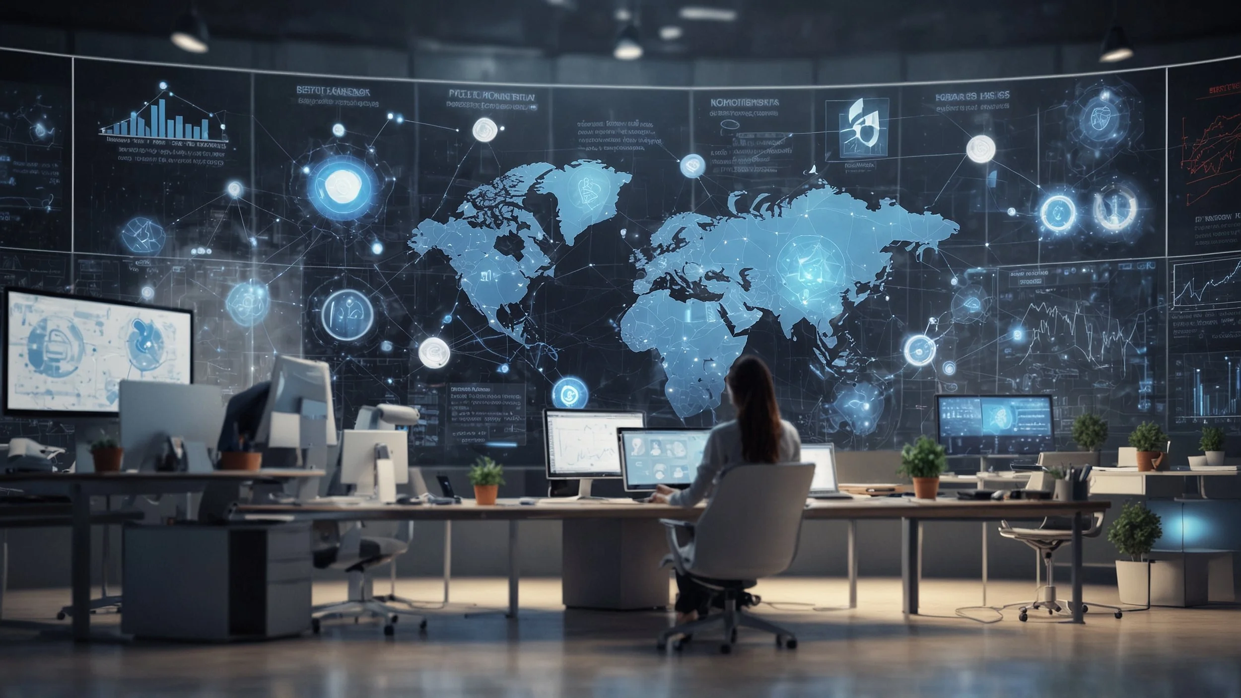 oficina de una organización financiera con pantallas mostrando diagramas de procesos automatizados, bots inteligentes trabajando en computadoras, nubes digitales y símbolos de inteligencia artificial integrados, ambiente moderno y tecnológico.