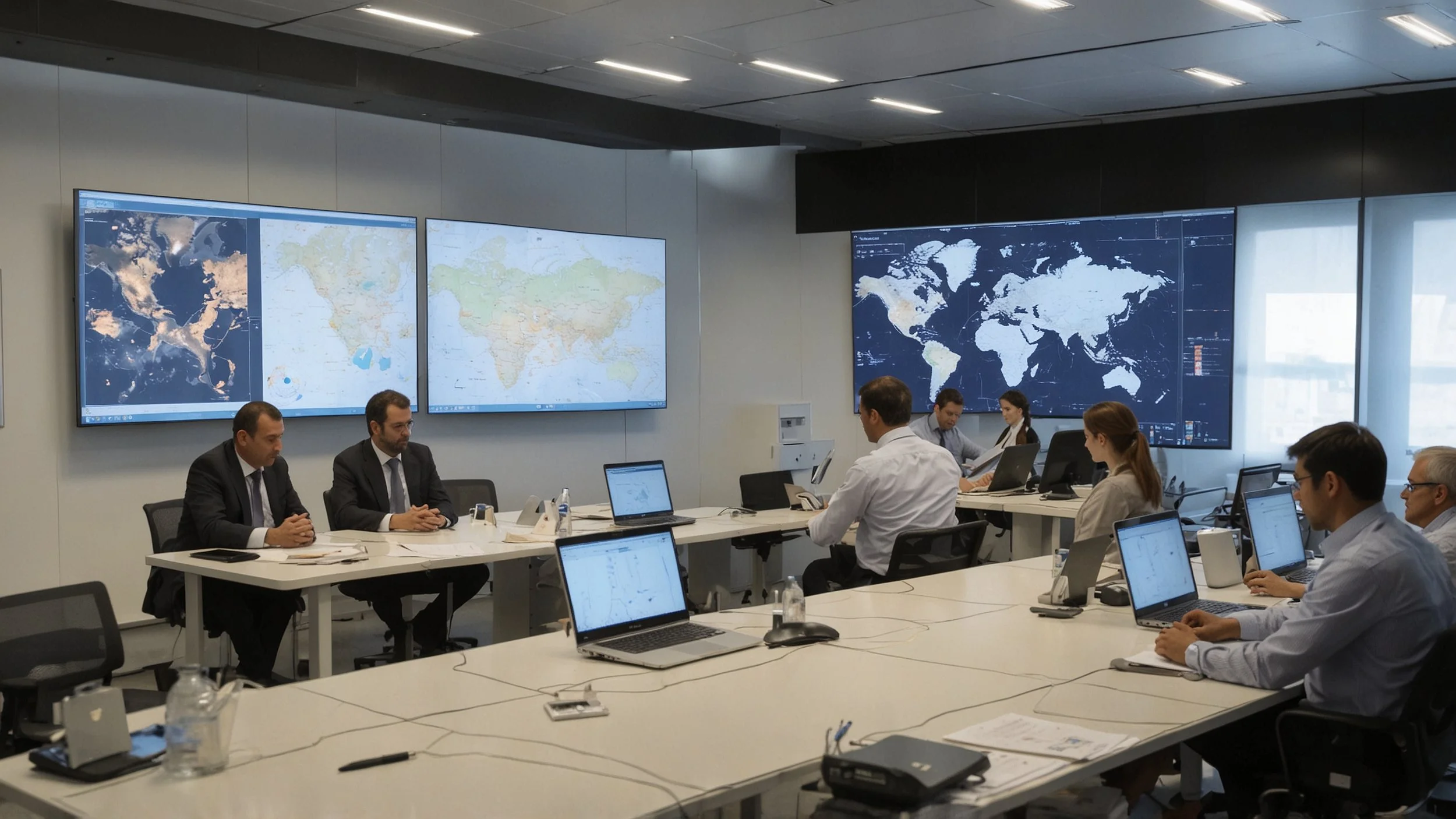un grupo de ingenieros y funcionarios en una sala de reunión moderna con pantallas mostrando tecnología autónoma para seguridad y logística colaboración público-privada un mapa grande destacando fronteras y zonas de desastre en la pantalla ambiente d