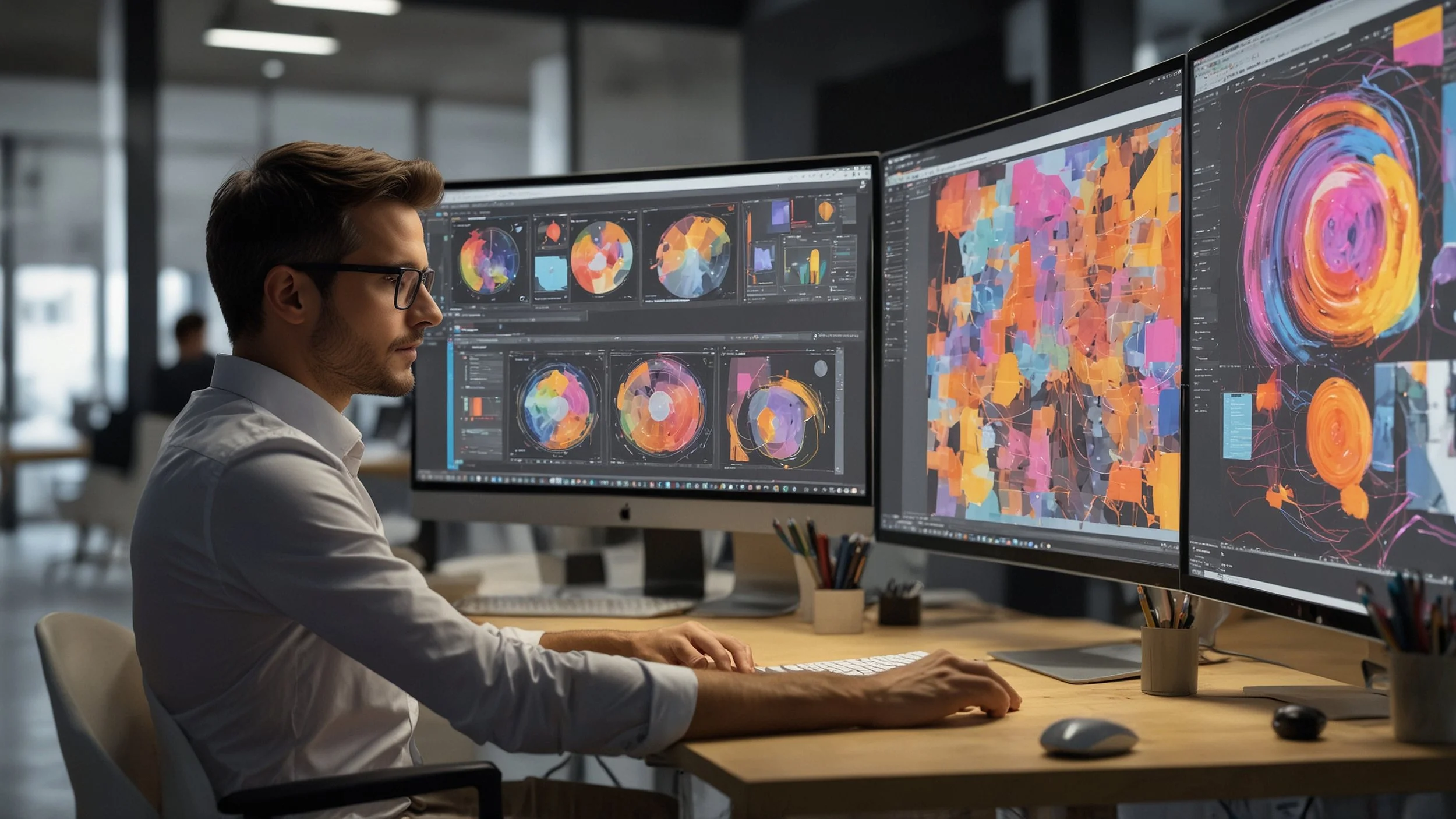 Un trabajador de una agencia de publicidad está utilizando una computadora con herramientas de inteligencia artificial para diseñar un cartel publicitario.
