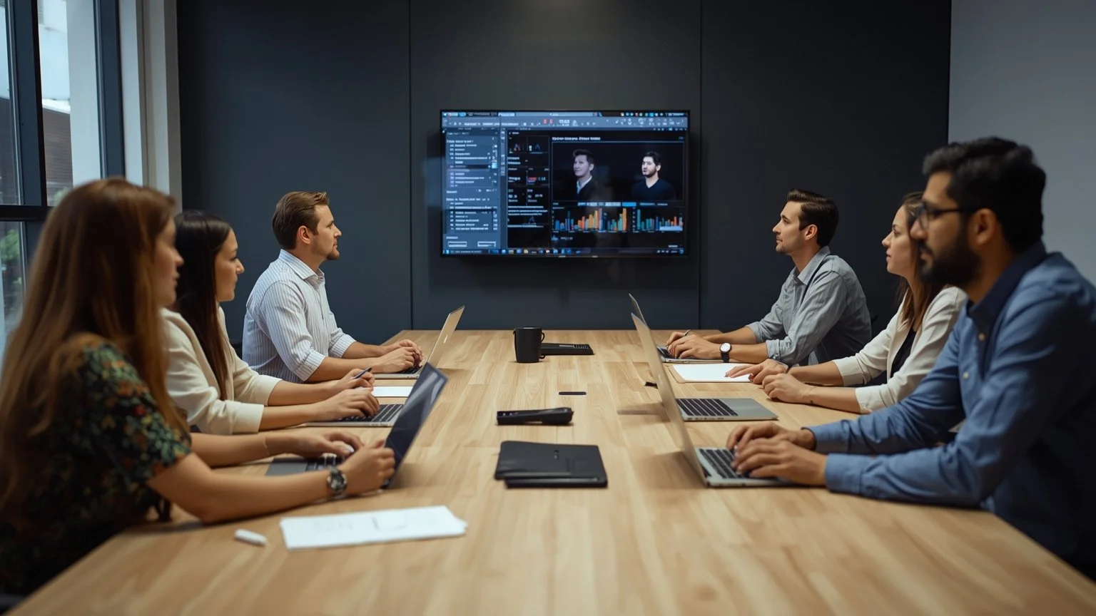 A diverse team in a modern meeting room watches as screens and automated devices perform operational tasks while they, around a table with notes, whiteboards and laptops, focus on creative analysis, differentiation