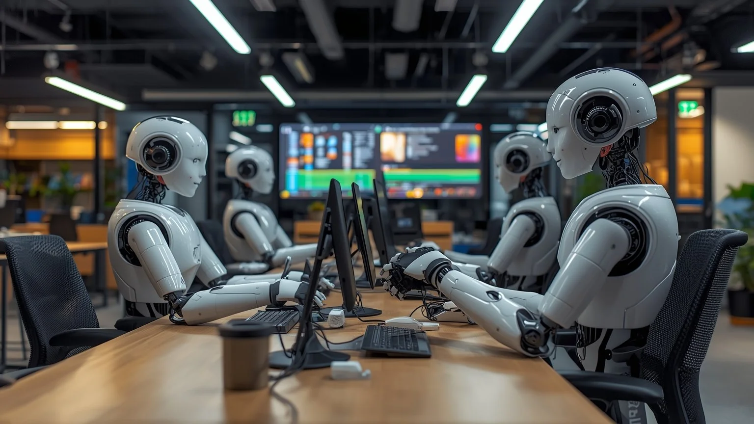 Una oficina moderna donde robots de software procesan montones de facturas y altas de clientes en pantallas mientras modelos de IA etiquetan documentos, priorizan casos y señalan posibles fraudes a un equipo humano que supervisa la automatización int