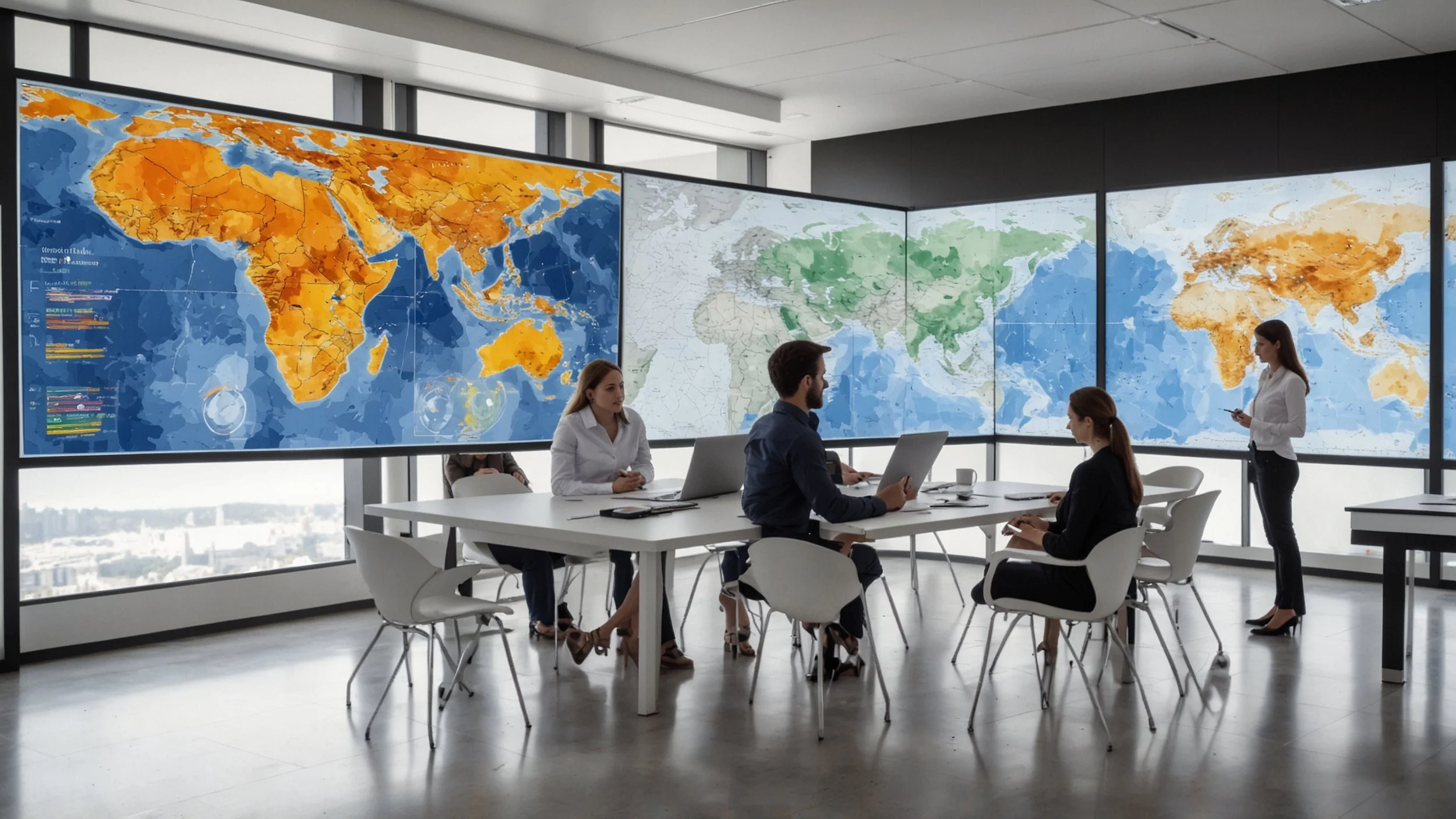 Una sala de control moderna con pantallas grandes mostrando gráficos de predicción, mapas de análisis climático y datos en tiempo real, con personas analizando información y tomando decisiones estratégicas para optimizar operaciones empresariales.