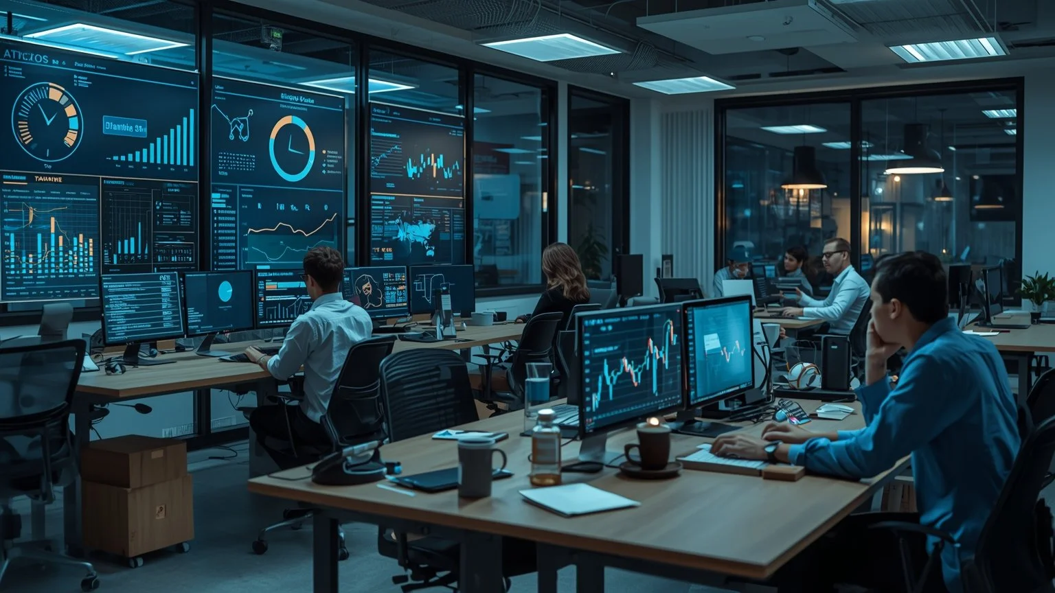 Un espacio de oficina moderno donde gestores de TI, negocio y gobierno de datos supervisan en pantallas dashboards con métricas de pilotos mientras empleados de ventas, atención al cliente y back office trabajan junto a asistentes digitales y robots