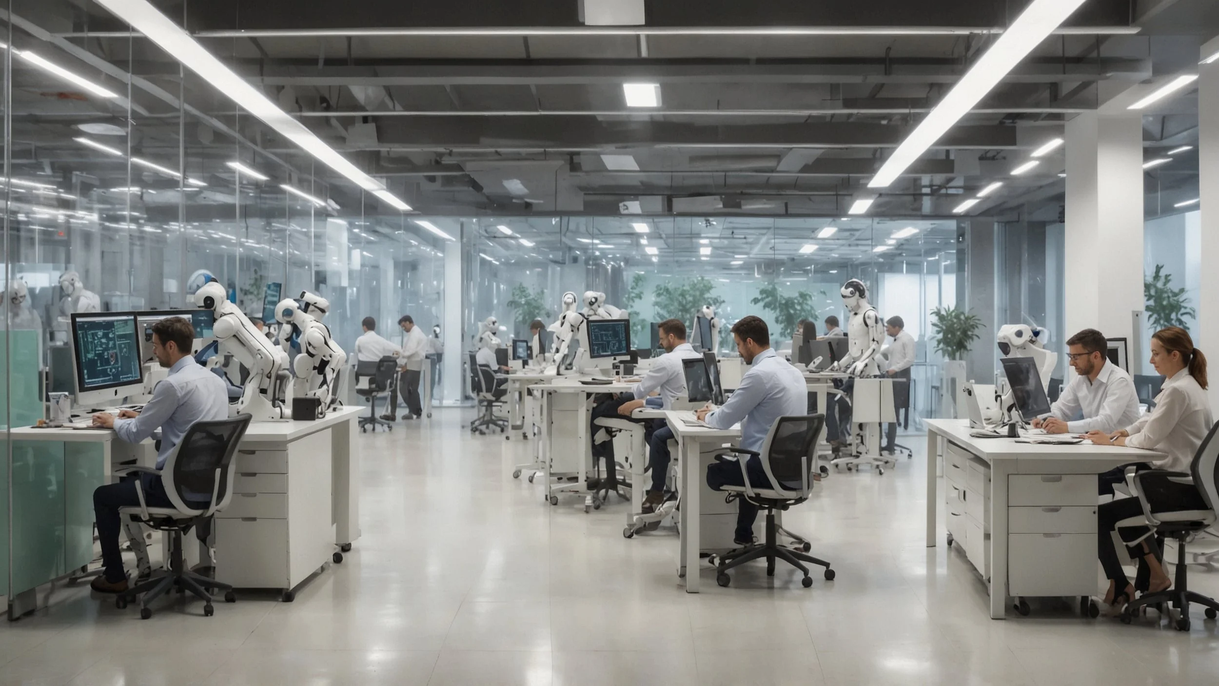 Una oficina moderna de banca con empleados y robots trabajando juntos en tareas automatizadas, pantallas mostrando gráficos de crecimiento y procesos de automatización, ambiente tecnológico y profesional que refleja el avance y la eficiencia gracias