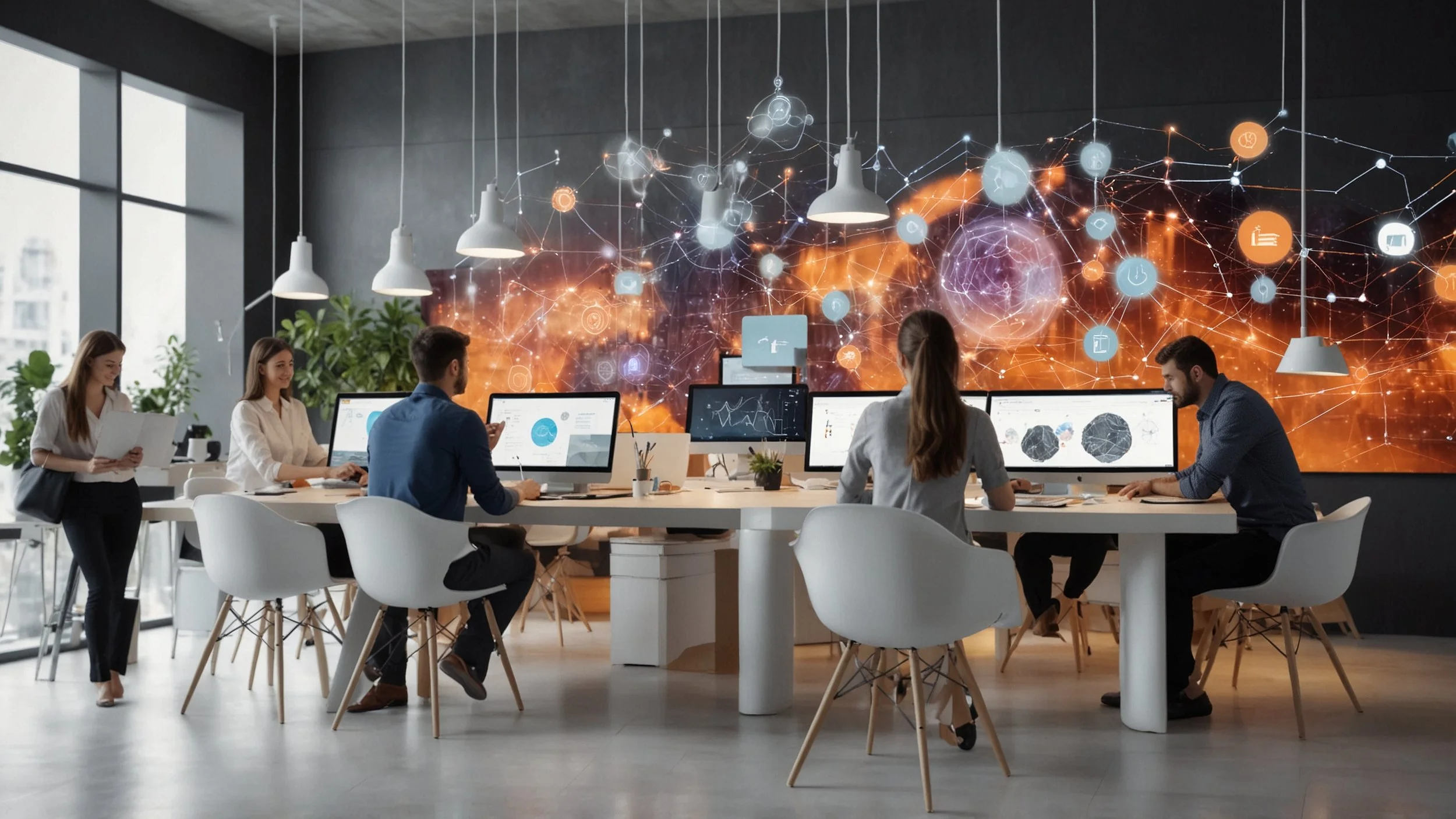 Una oficina moderna con un equipo diverso de profesionales usando computadoras y tabletas mostrando gráficos de tendencias y productos innovadores, con un ambiente colaborativo y tecnológico que refleja la integración de inteligencia artificial como