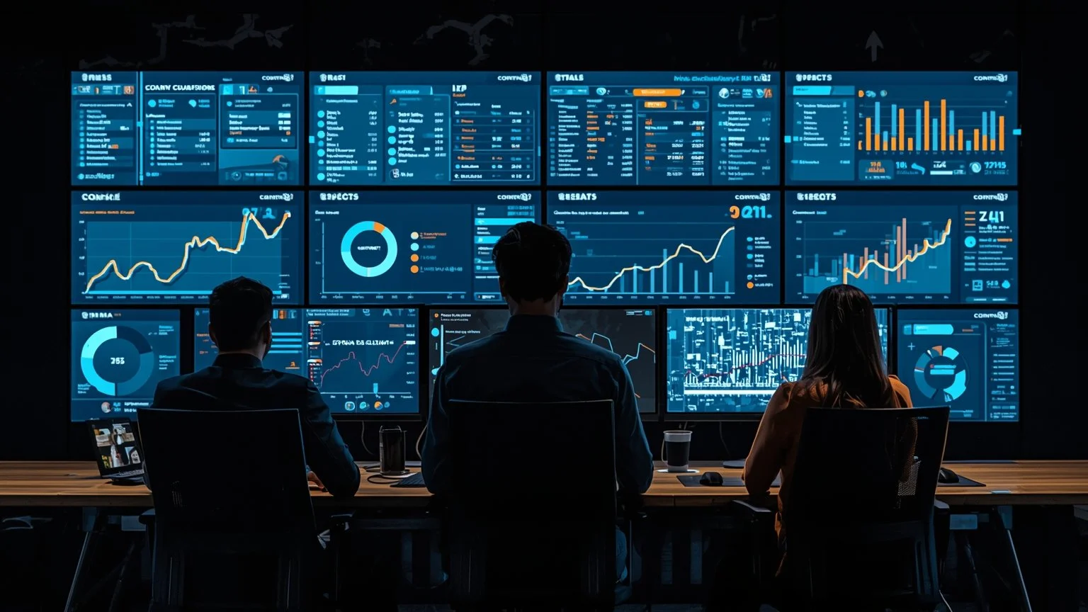 Centro de control moderno con múltiples pantallas que muestran tickets siendo asignados, categorizados y escalados por bots RPA, estados de pedidos actualizándose en tiempo real y gráficos de satisfacción del cliente mientras operadores supervisan la