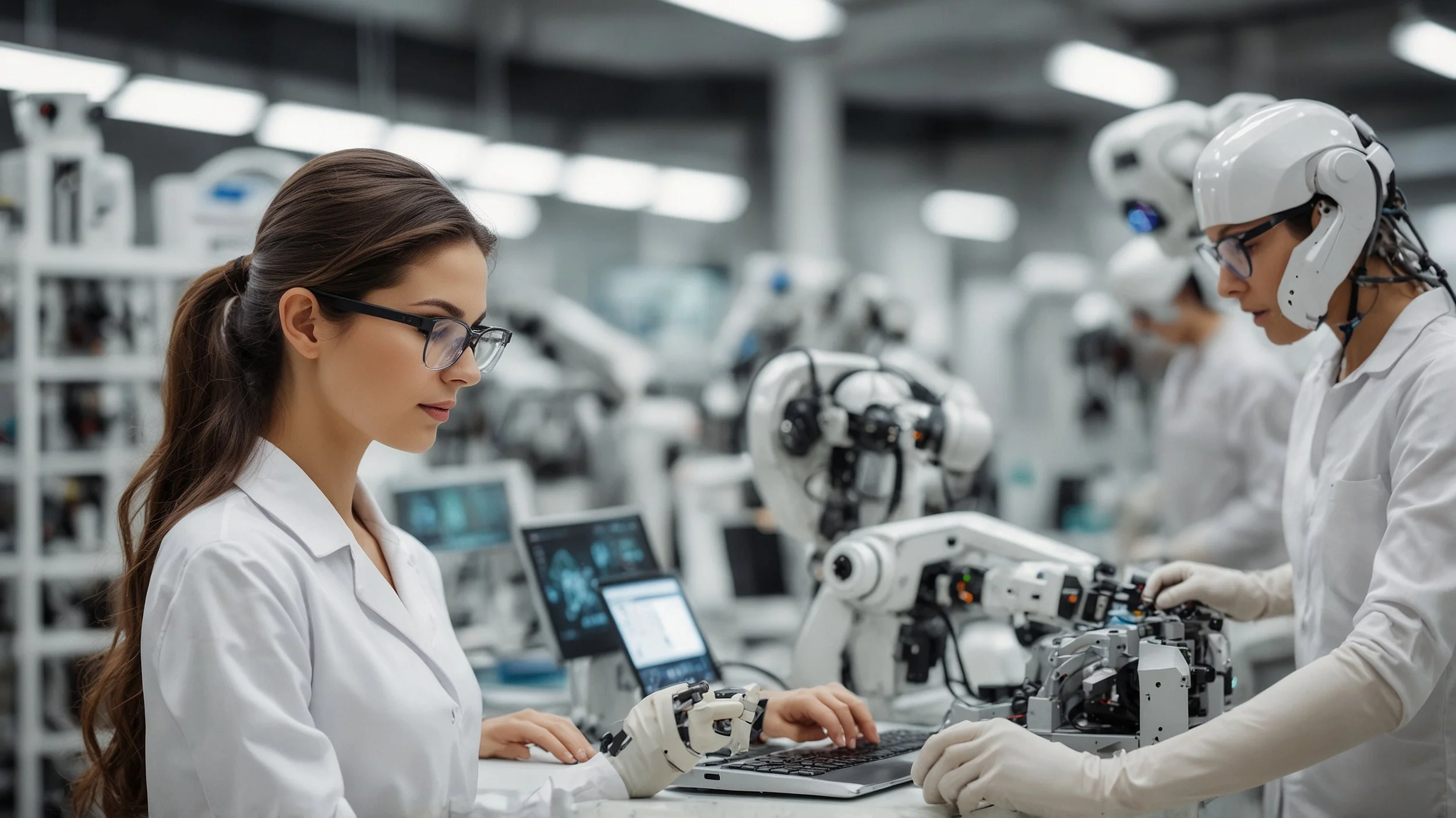 Interior de una fábrica moderna con robots y sistemas de inteligencia artificial controlando líneas de producción de lentes de contacto y cosméticos, mostrando máquinas automatizadas trabajando eficientemente y operarios supervisando pantallas digita