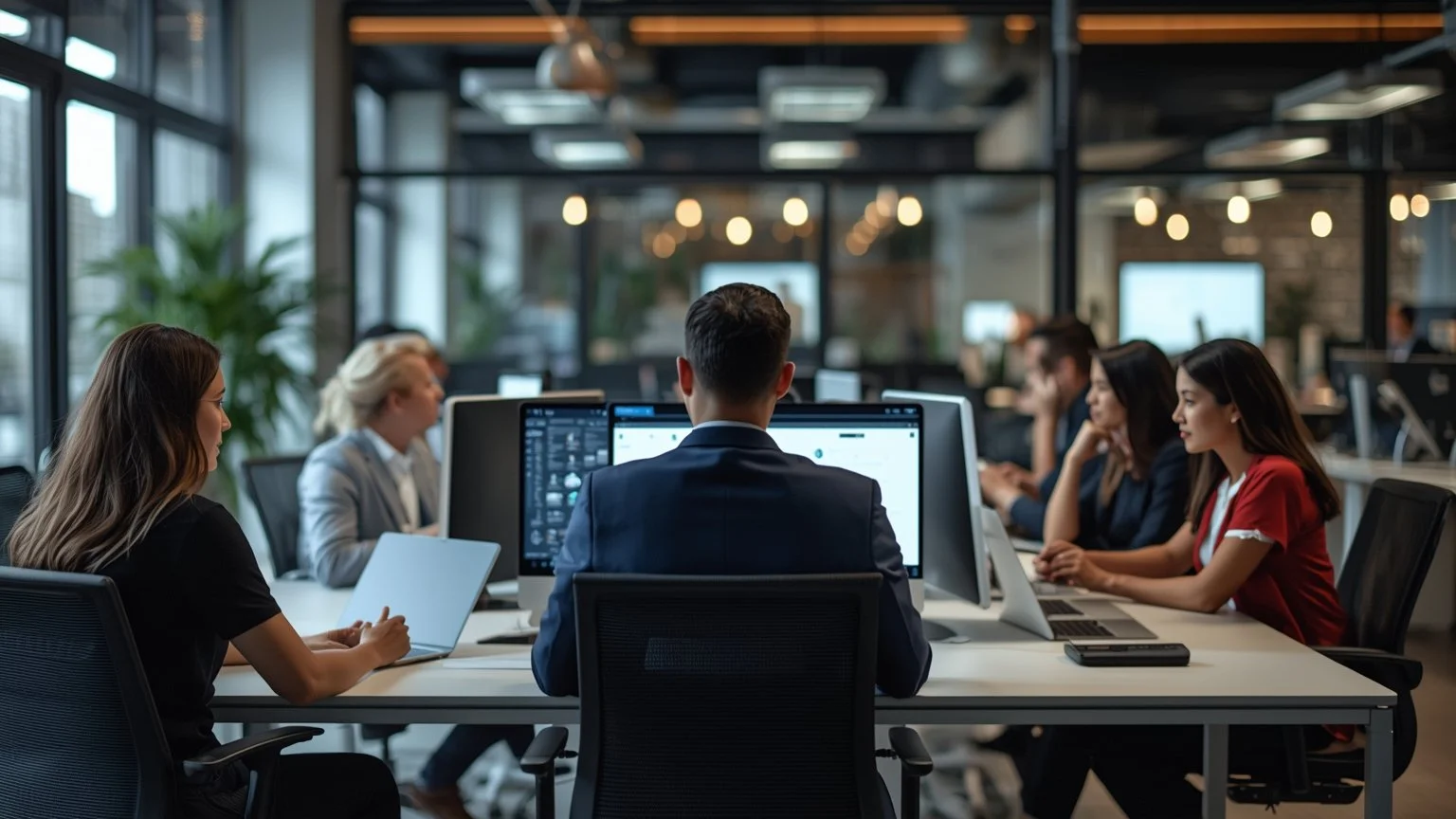 Gestion del cambio en una oficina moderna con sesiones de formacion, equipo redisenando procesos en pizarras, referentes de negocio probando pilotos de IA y RPA en portatiles y convirtiendose en embajadores que ajustan flujos y detectan riesgos.