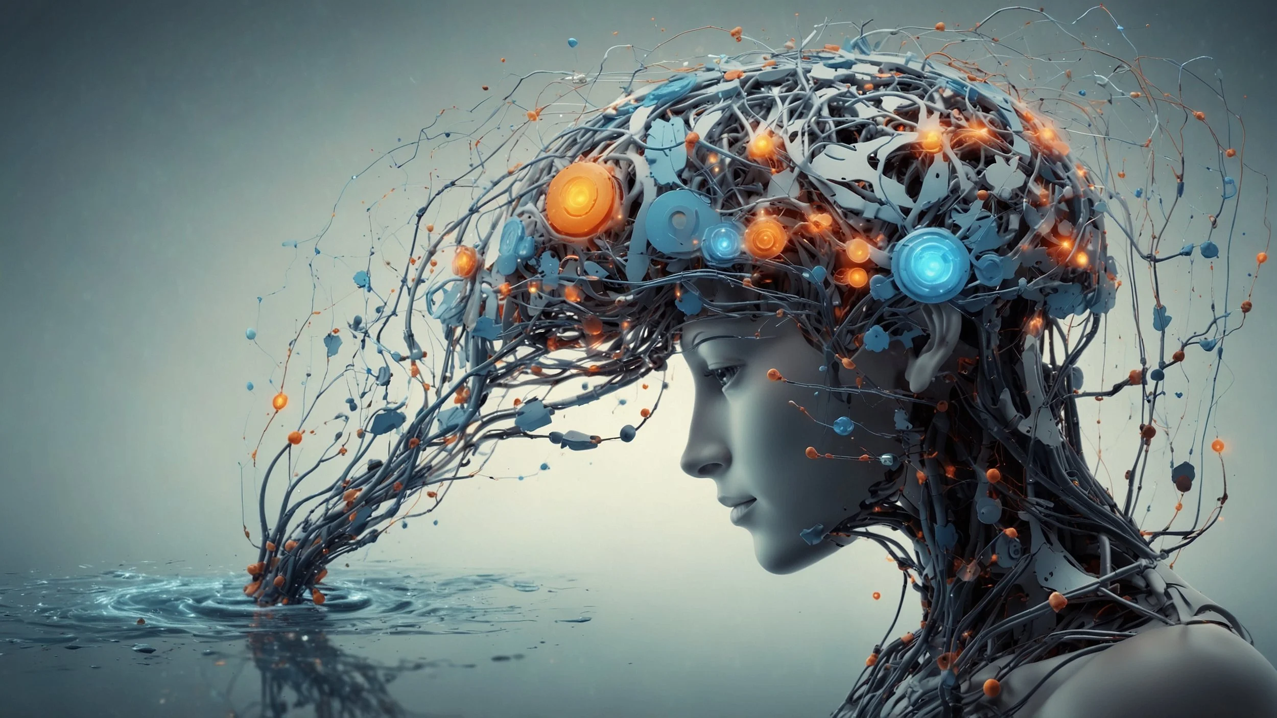 Un río de datos representado como un torrente caudaloso que fluye hacia una gran estructura en forma de cerebro que simboliza la inteligencia artificial.