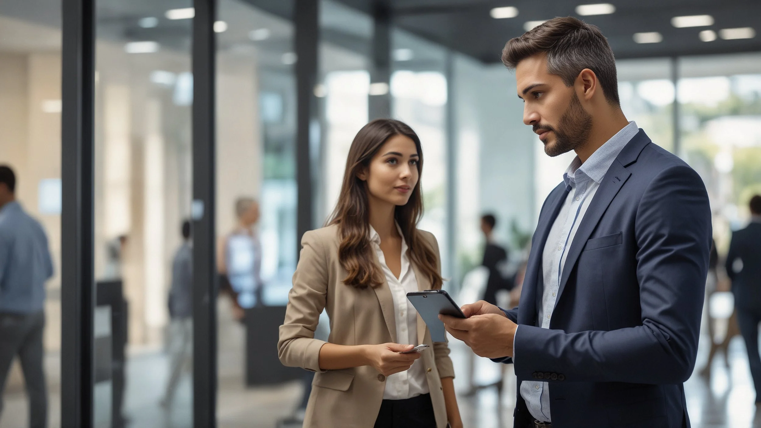 A scene in a modern customer service center with screens displaying real-time data graphs and virtual assistants helping customers resolve complex financial queries efficiently, while some customer