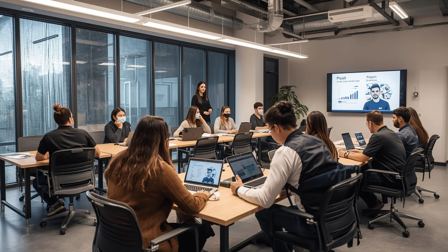 Sala de formación y centro de operaciones de cambio donde empleados participan en talleres prácticos, un panel digital muestra métricas de adopción y focos de resistencia, asistentes virtuales en pantallas y un equipo de soporte guía a los usuarios m
