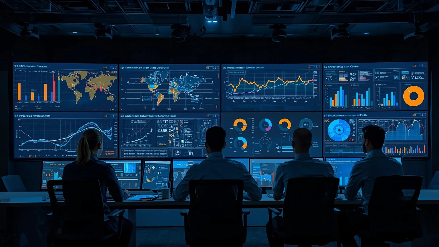 Equipo mixto de ejecutivos y profesionales de TI en una sala de control futurista observando paneles digitales que muestran niveles de madurez, retornos claros, flujos de automatización inteligente, métricas de disponibilidad y calidad de datos mient
