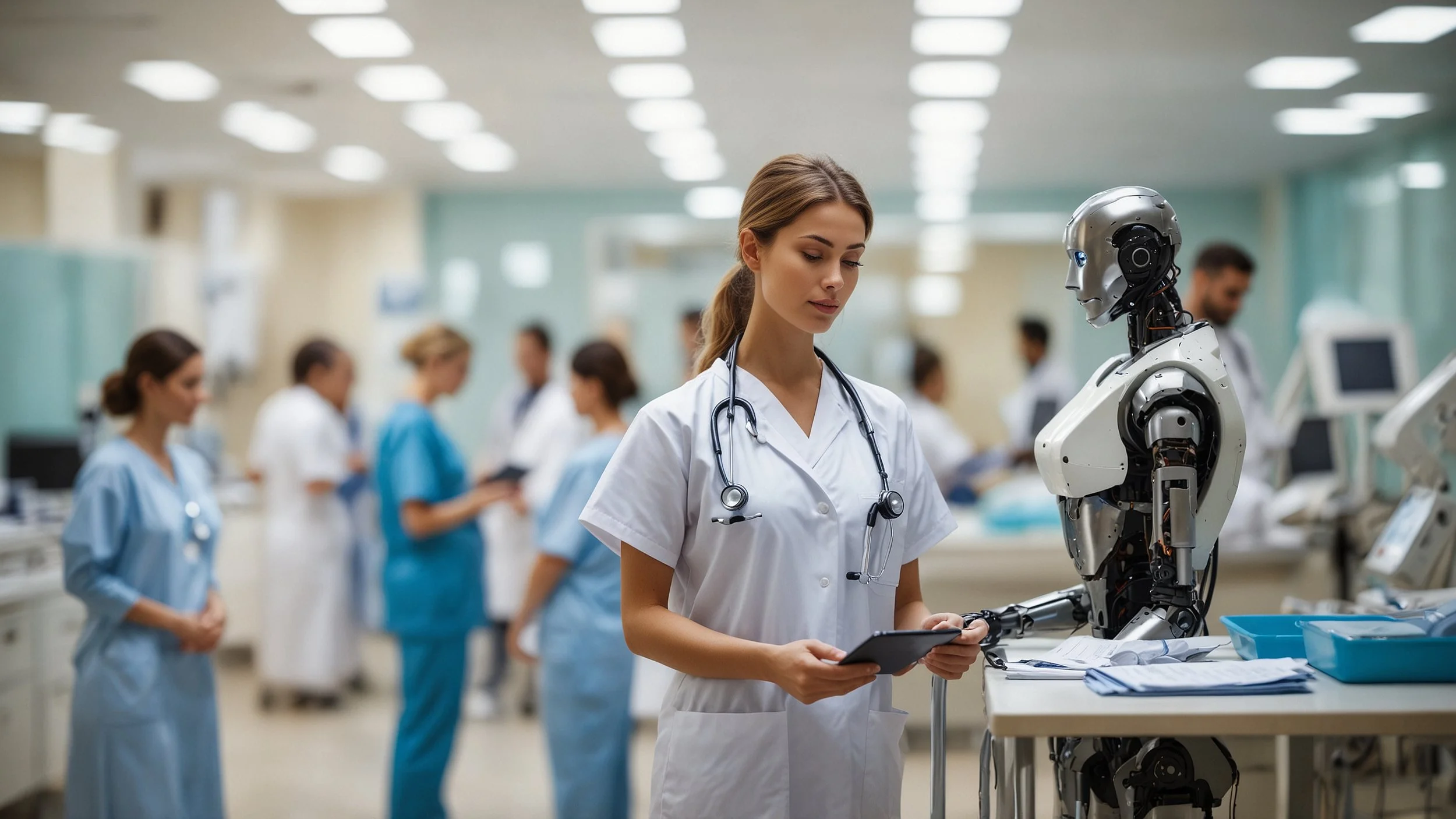 Hospital busy with robotic automation systems helping staff manage billing and financial tasks efficiently while doctors and patients interact calmly in the background.