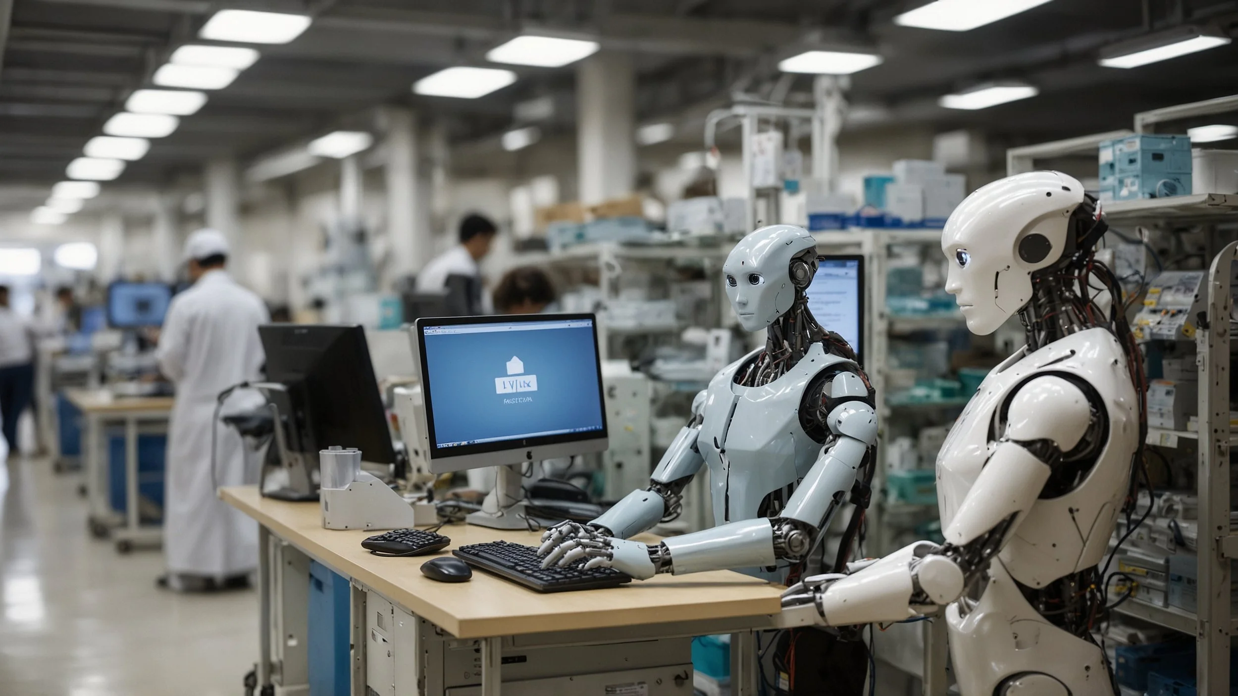 Una fábrica moderna y automatizada con robots trabajando en líneas de producción, una oficina bancaria con empleados usando computadoras para abrir cuentas rápidamente, un hospital donde médicos revisan diagnósticos en pantallas digitales, una tienda