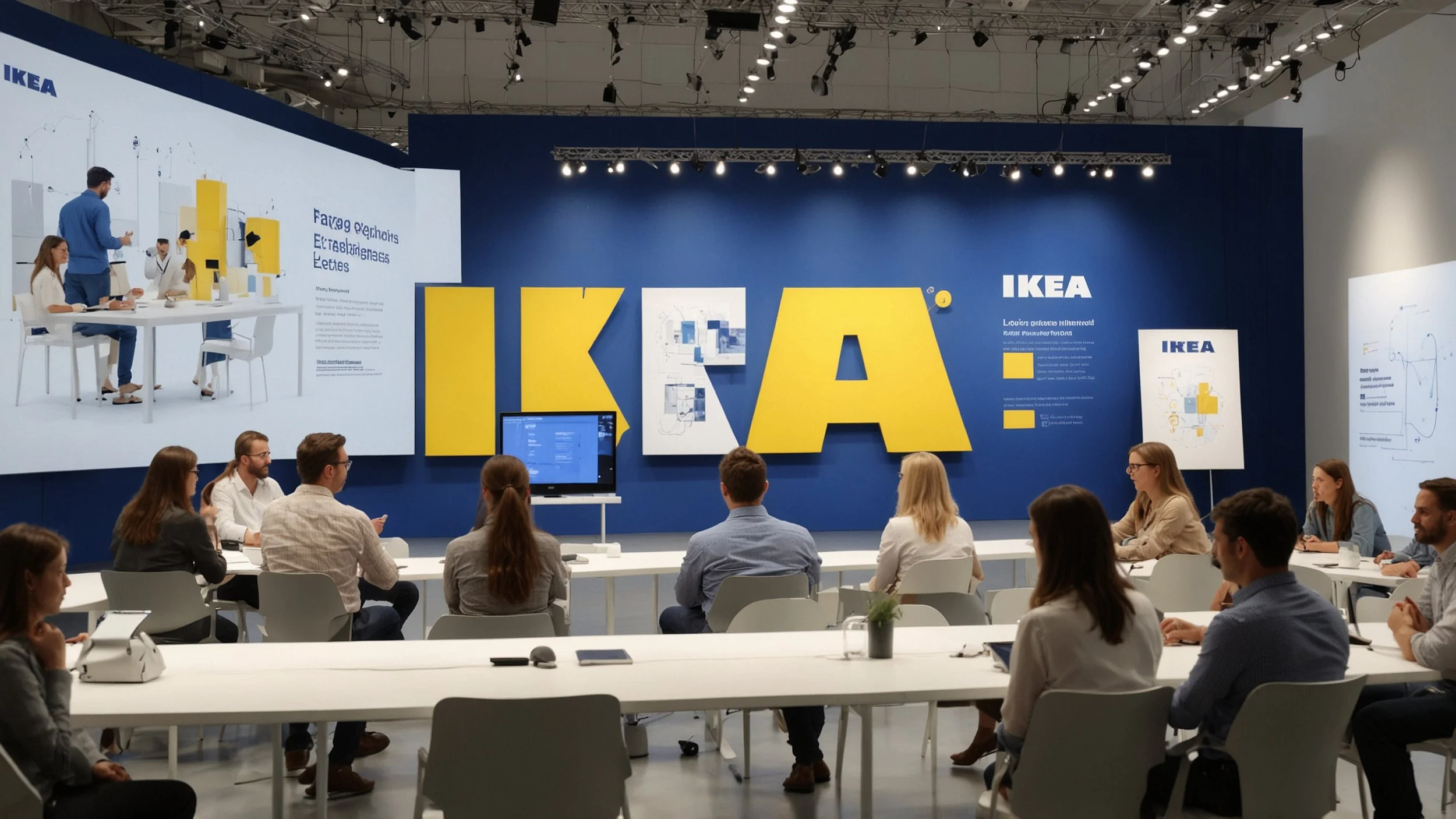 Un grupo de empleados de Ikea participando en un taller de capacitación sobre inteligencia artificial, con un instructor explicando conceptos de IA en una sala de conferencias moderna.