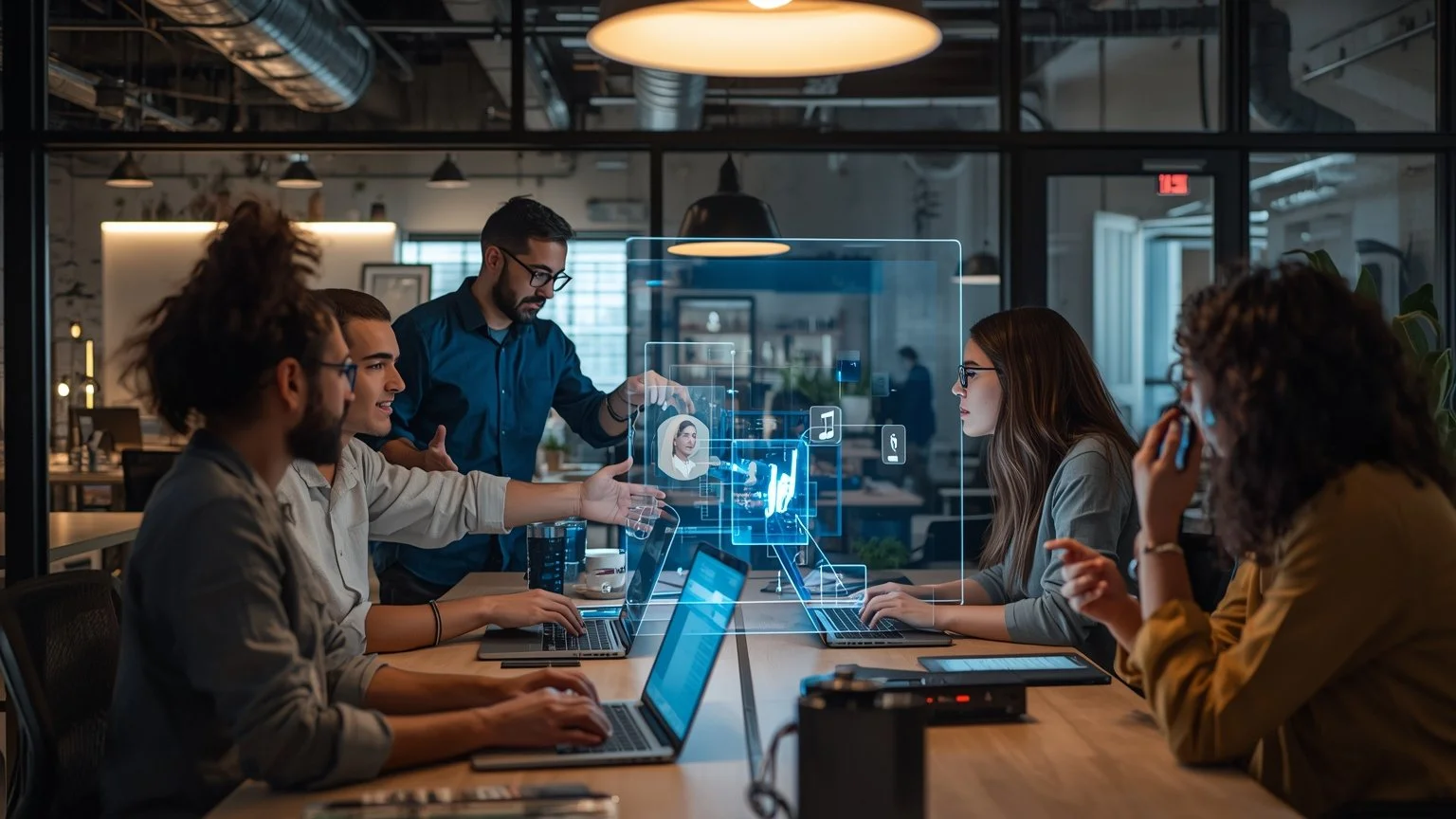 Equipo diverso en una oficina moderna colaborando con asistentes de IA representados como hologramas y pantallas interactivas mientras rediseñan estructuras de trabajo.