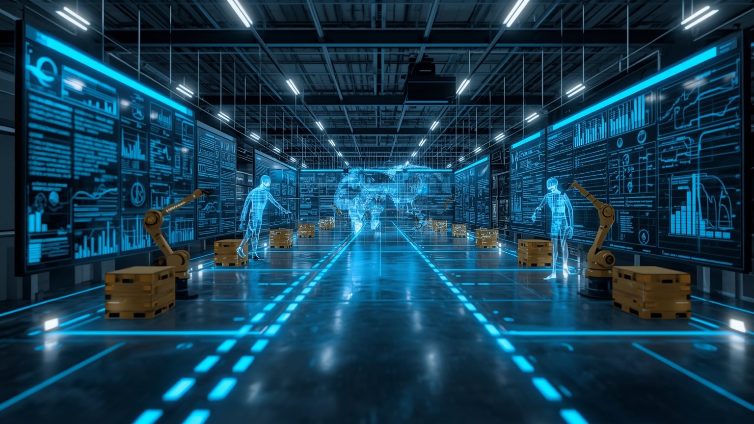 Un centro de operaciones industrial futurista donde un tejido luminoso de automatización conecta pantallas con flujos de datos en tiempo real y hologramas de agentes de software que coordinan robots físicos flexibles que manipulan cajas en una cadena