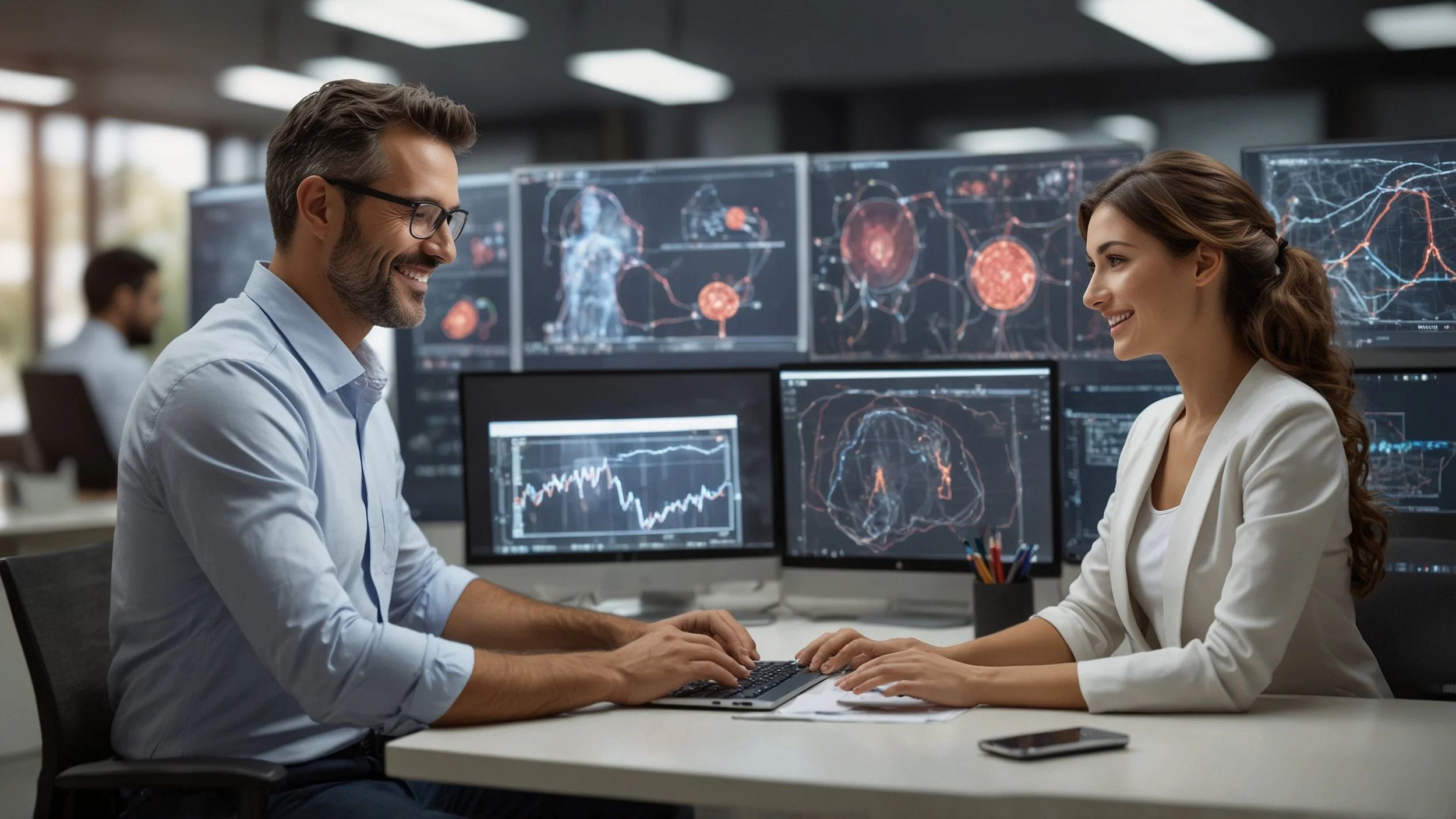 cliente en una llamada con un representante de servicio al cliente frente a una computadora que muestra gráficos y datos, con un sistema de inteligencia artificial representado por iconos digitales analizando el historial de transacciones, ambos sonr
