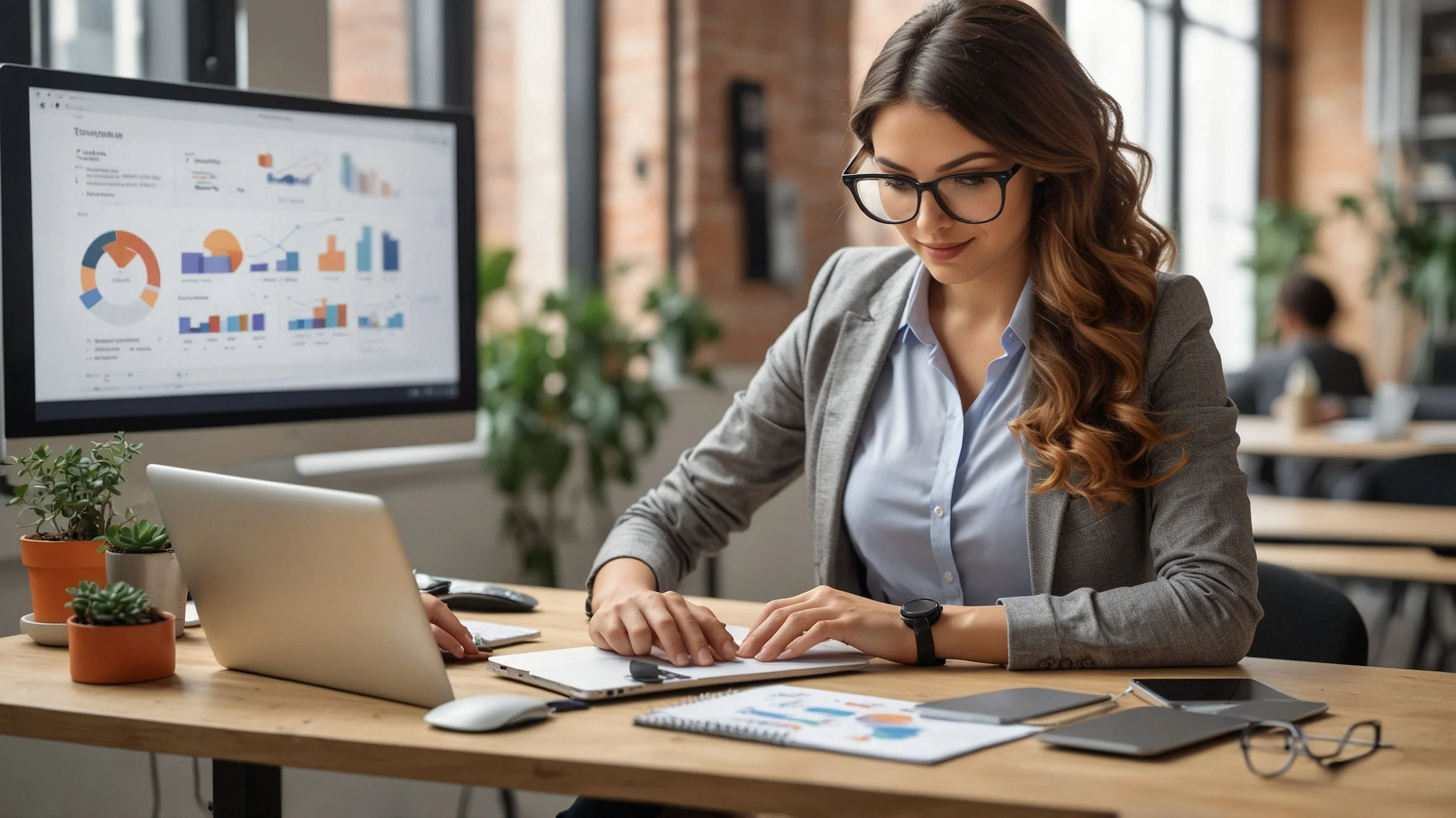 Una oficina moderna con una pantalla grande mostrando gráficos de marketing y análisis, una persona trabajando en una laptop con la interfaz de HubSpot abierta, y otra persona revisando una tableta con la aplicación de ActiveCampaign, en un ambiente