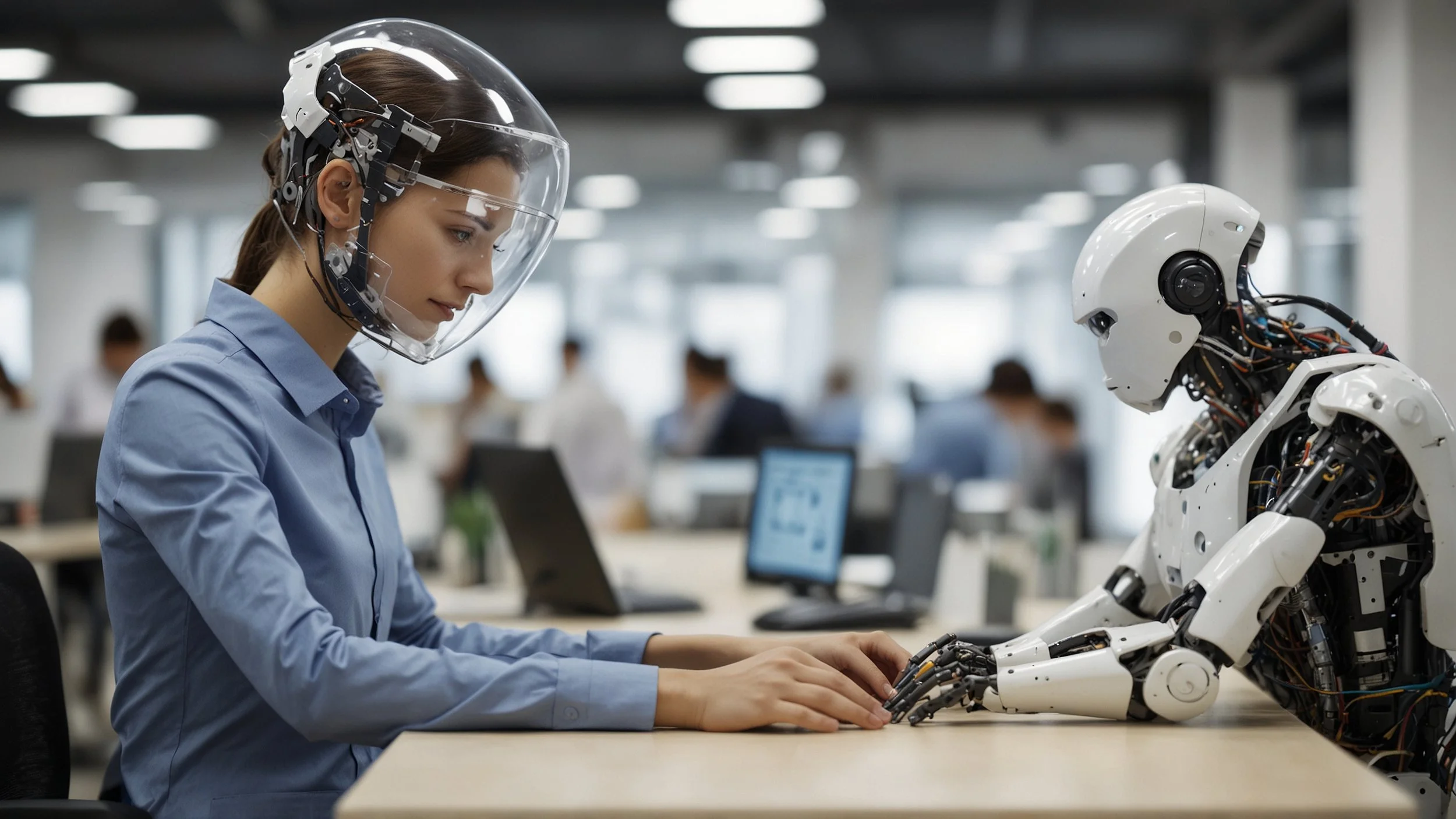 Una oficina moderna con empleados mirando pantallas que muestran interfaces de agentes autónomos gestionando tareas variadas mientras un robot o asistente digital interactúa con uno de los empleados, simbolizando la transición hacia sistemas autónomo